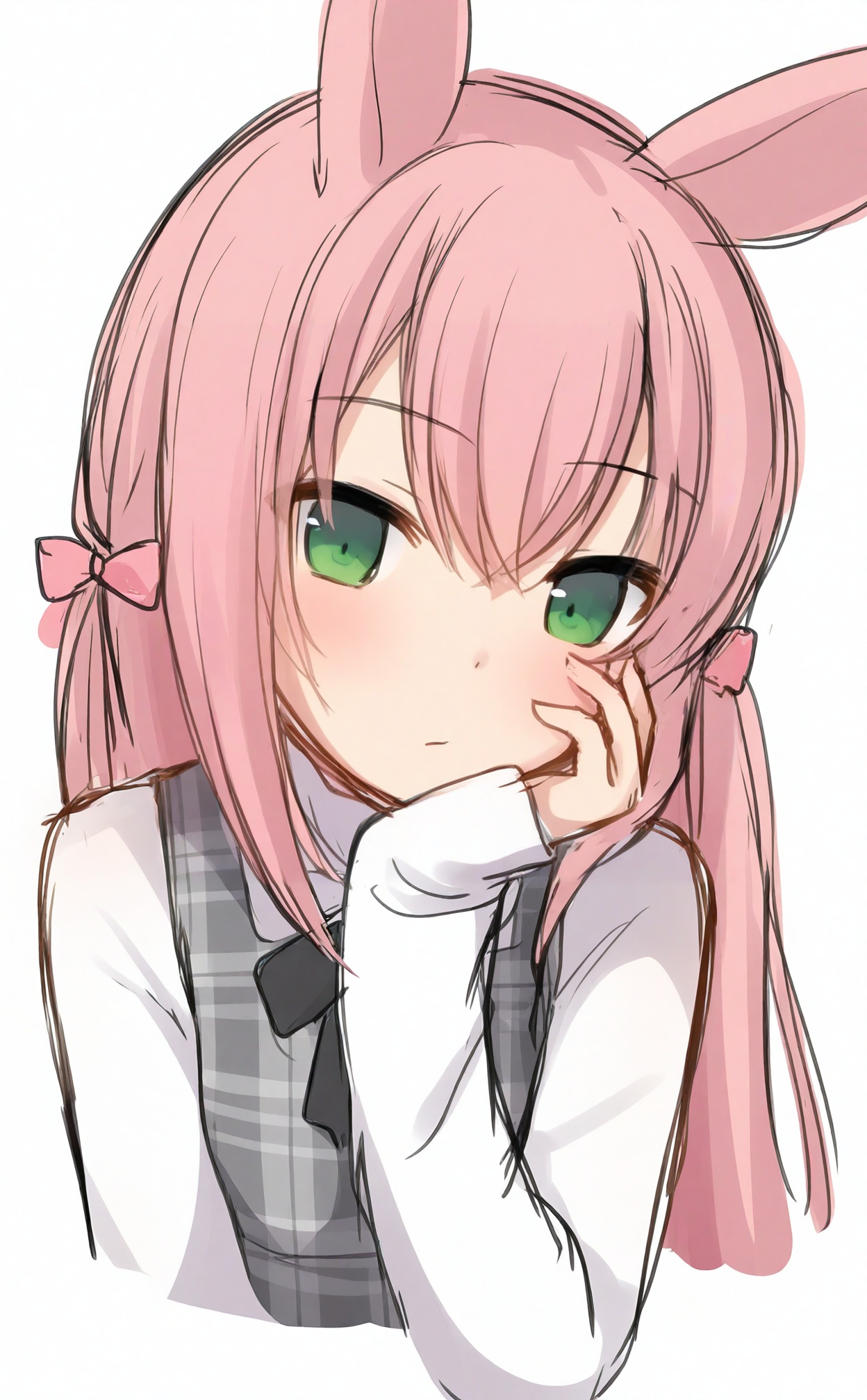 masterpiece,absurdres,best quality,loli,petite,high quality,chromatic_aberration,//,1girl, solo, green_eyes, long_sleeves, long_hair, white_background, sleeves_past_wrists, simple_background, upper_body, animal_ears, bow, blush, closed_mouth, looking_at_viewer, plaid, hair_between_eyes, hand_on_own_face, hair_bow, shirt, dress, grey_dress, sleeveless, white_shirt, plaid_dress, sleeveless_dress, hand_on_own_cheek, pink_hair, cropped_torso, hand_up, pink_bow, ears_down, sketch, head_rest, black_bow//,//,<lora:gancheng——【noob】hans:0.88>,