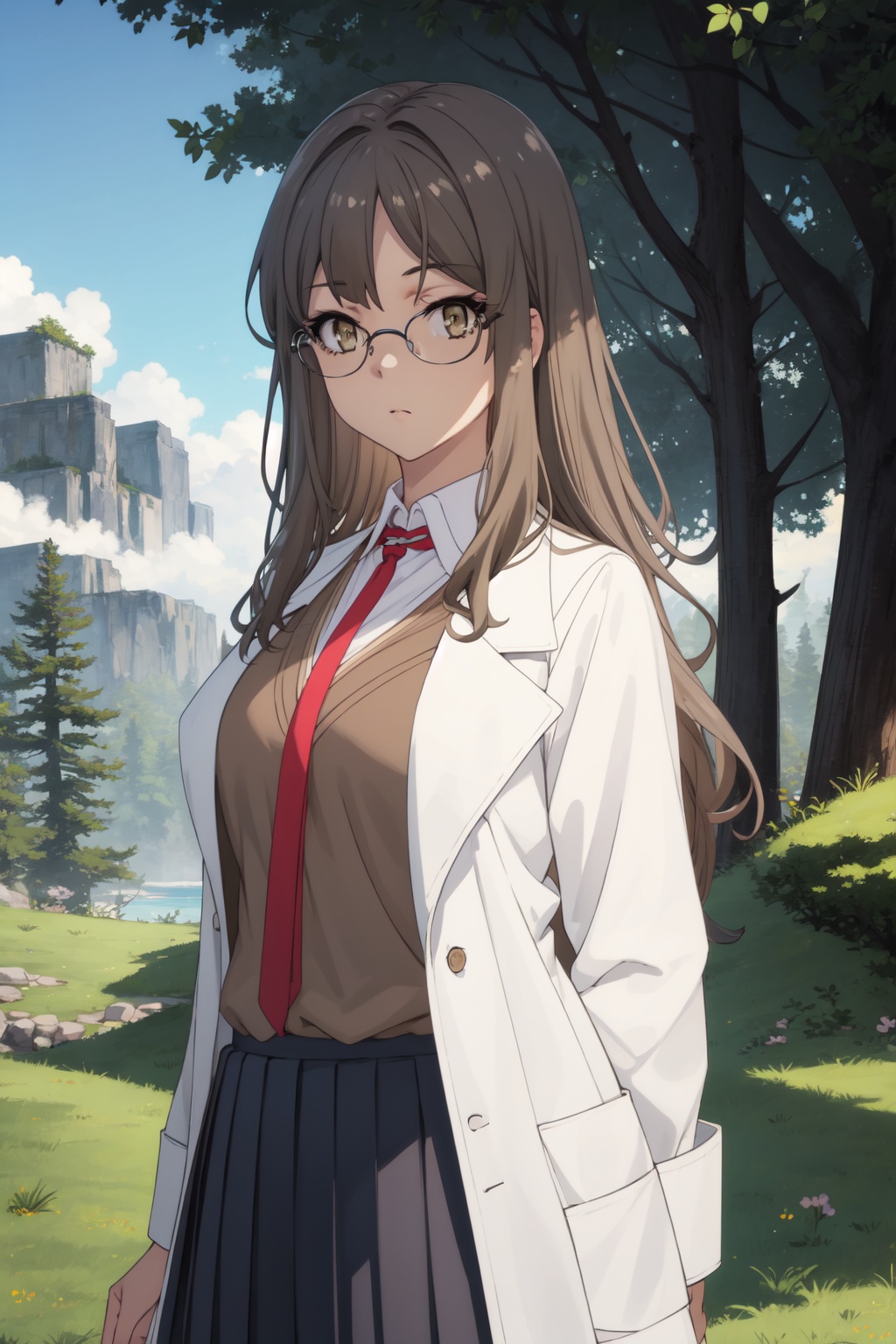 <lora:Rio-000014:0.8>,Rio CYQL,1girl,looking at viewer,solo,brown_hair,long_hair,bangs,brown_eyes,glasses,rimless_eyewear,labcoat,school_uniform,shirt,necktie,skirt,vest,teardrop,cowboy_shot,Mountains, Mist, Dawn, Sky, Peaks, Trees, Serenity, Tranquility,(Water lilies, Lotus flowers, Cattails, Willow trees, Reflections, Warm hues:0.5),beautiful detailed sky,beautiful detailed glow,posing in front of a colorful and dynamic background,masterpiece,best quality,beautiful and aesthetic,contrapposto,female focus,wallpaper,