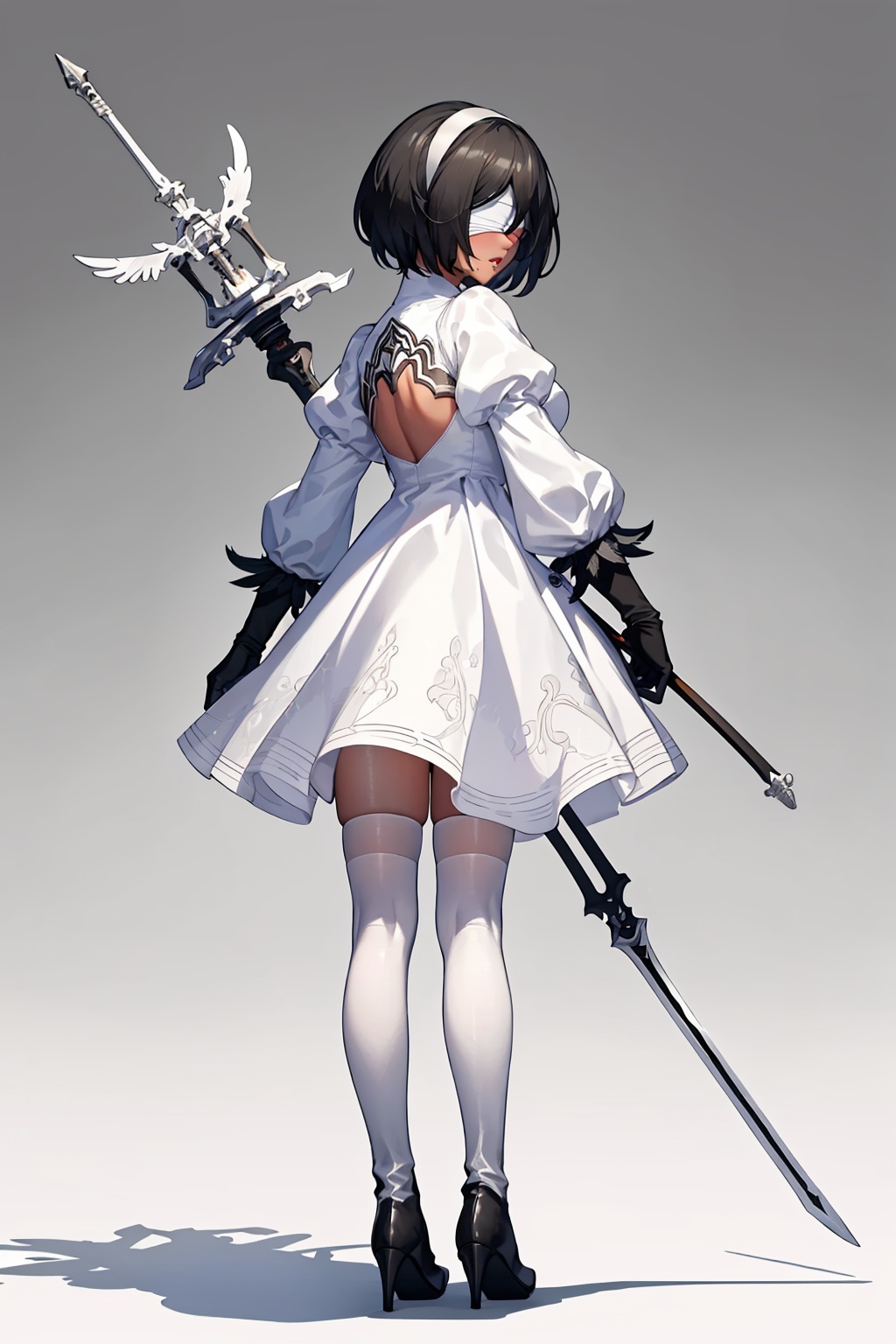 masterpiece,best quality, highly detailed, 2p (nier:automata),1girl, dark-skinned female, white footwear, mole under mouth, puffy sleeves, gradient, shiny, feather trim, solo, white dress, gradient background, full body, lips, long sleeves, thigh boots, back cutout, gloves, sword, player 2, high heel boots, looking back, white thighhighs, white hairband, short dress, blindfold, holding weapon,<lora:2p_(nierautomata):1>