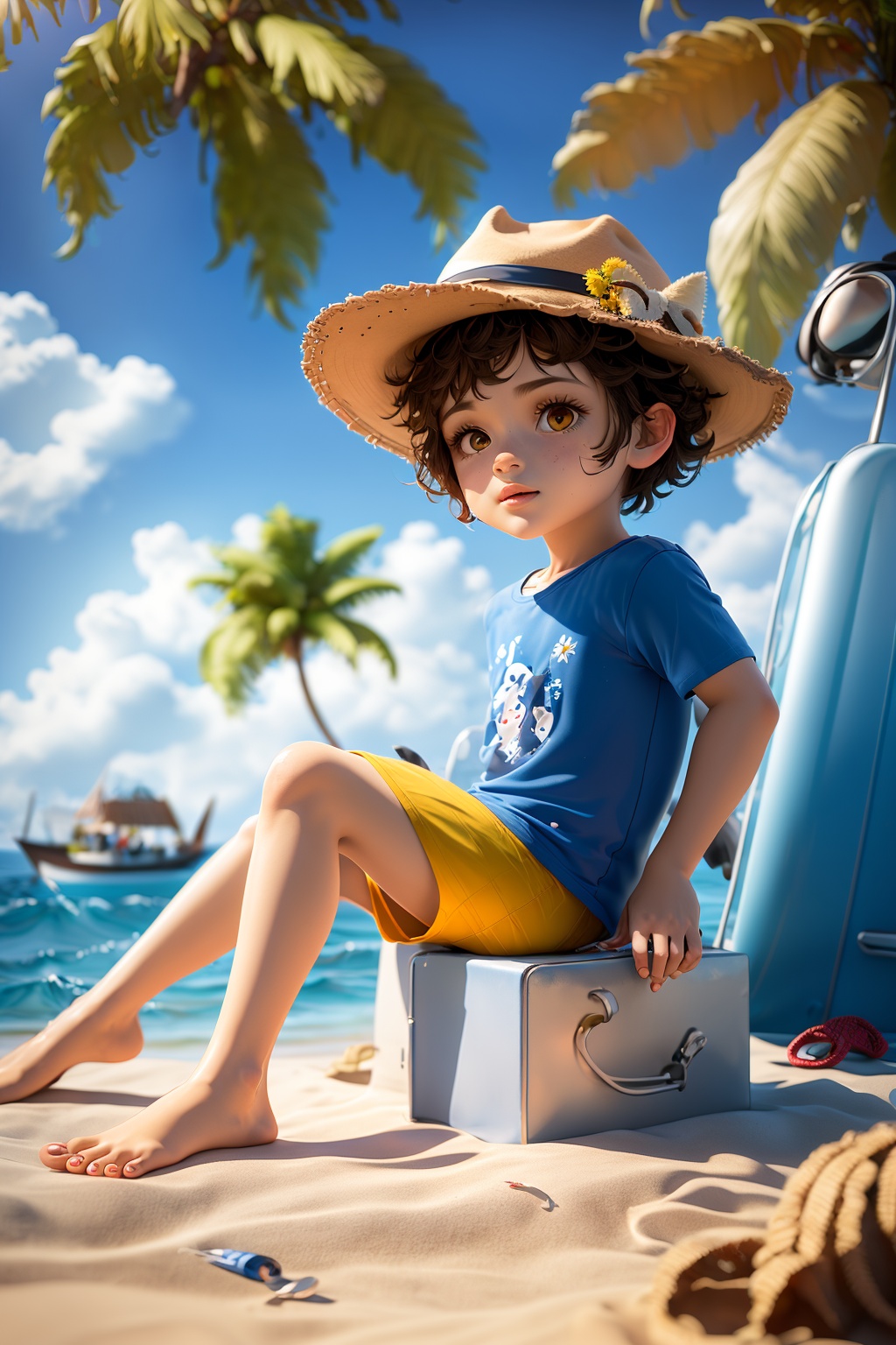 OC rendering,C4D,3D,product photography,still life,solo,short hair,brown hair,shirt,1boy,hat,brown eyes,sitting,outdoors,sky,shorts,barefoot,day,cloud,water,tree,blue sky,beach,child,yellow shirt,palm tree,bucket,boat,lifebuoy,seagull,