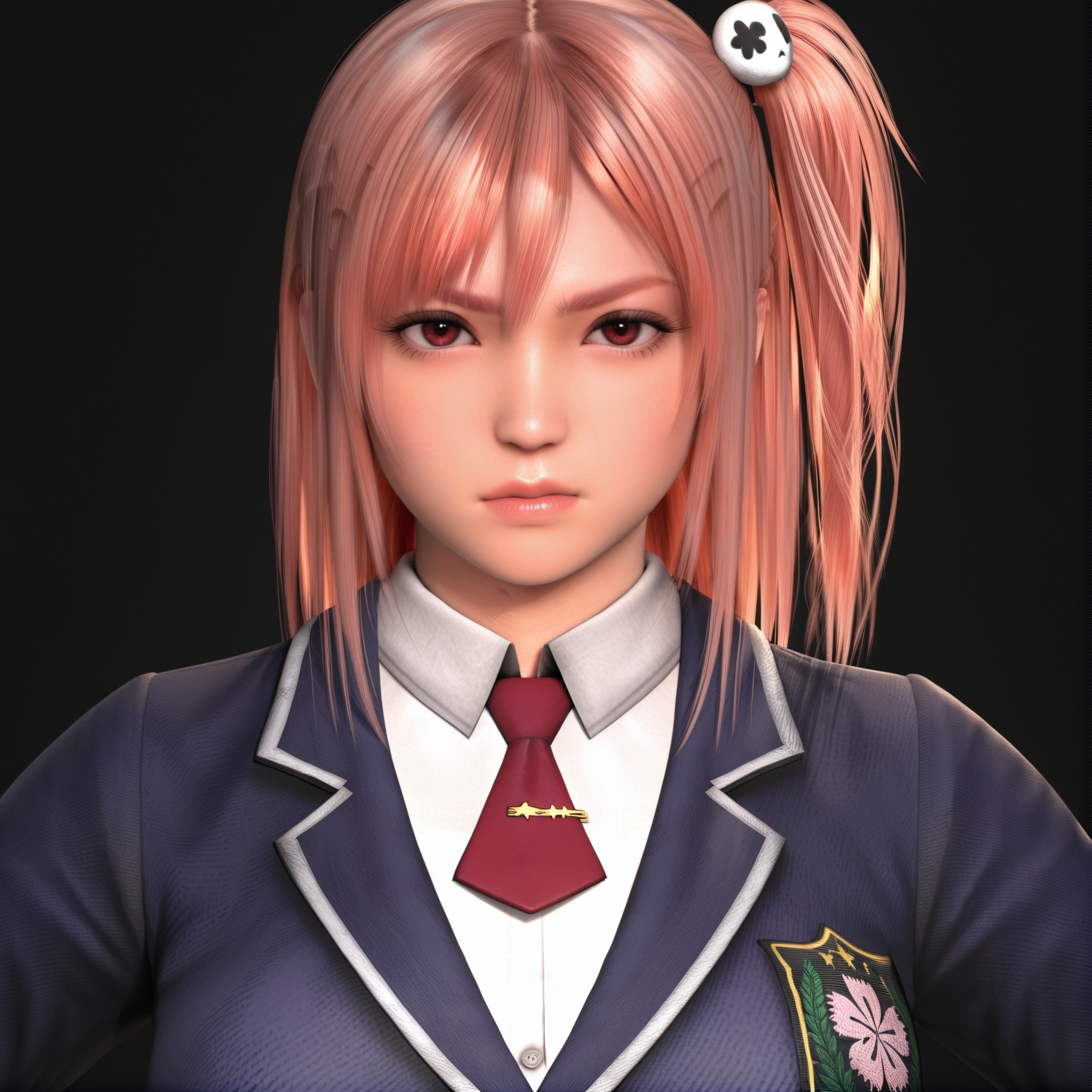 masterpiece,best quality,absurdres,highres,looking at viewer,front view,(scowl),(heavy_breathing),upper body,(glamor:1.1),narrow waist,<lora:Honoka (doa)_ill:0.85>,1girl,solo,1girl,solo,honoka \(doa\),pink hair,one side up,side ponytail,skull hair ornament,school uniform,white collared shirt,school blazer,red necktie,simple background, black background,