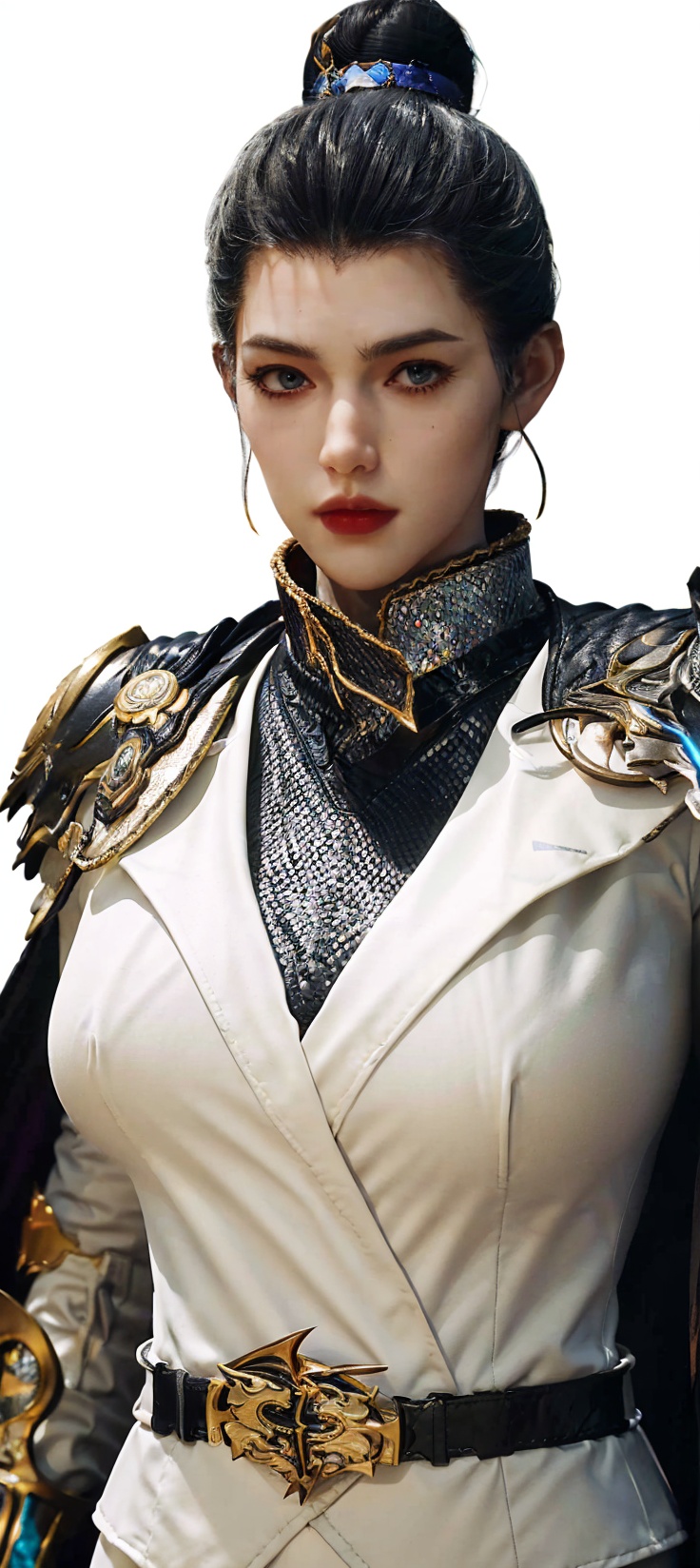 1girl,solo,big eyes,forehead,red lips,black hair,(single hair bun),hair ornament,jewelry,suit,long sleeves,(cape),chainmail,(armor:1.2),(arm armor:1.2),shoulder armor,plume,belt,pants,(looking at viewer),staring,(portrait:1.1),(white background),3d,game cg,(Cinematic Lighting),(skin gloss),(perfect skin),Highly detailed,(ultra-detailed),hatching \(texture\),(8k,best quality,huge filesize,masterpiece:1.5),<lora:斗罗大陆2-仙琳儿:0.65>,<lora:细节调整2.0:0>,