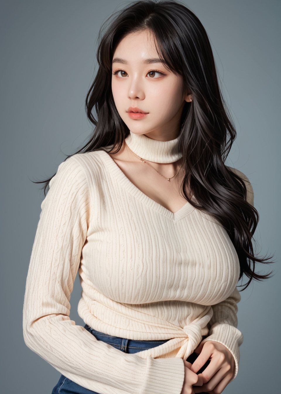 score_9,score_8_up,score_7_up,1girl,upper_body,(large breasts:1.5),sweater,