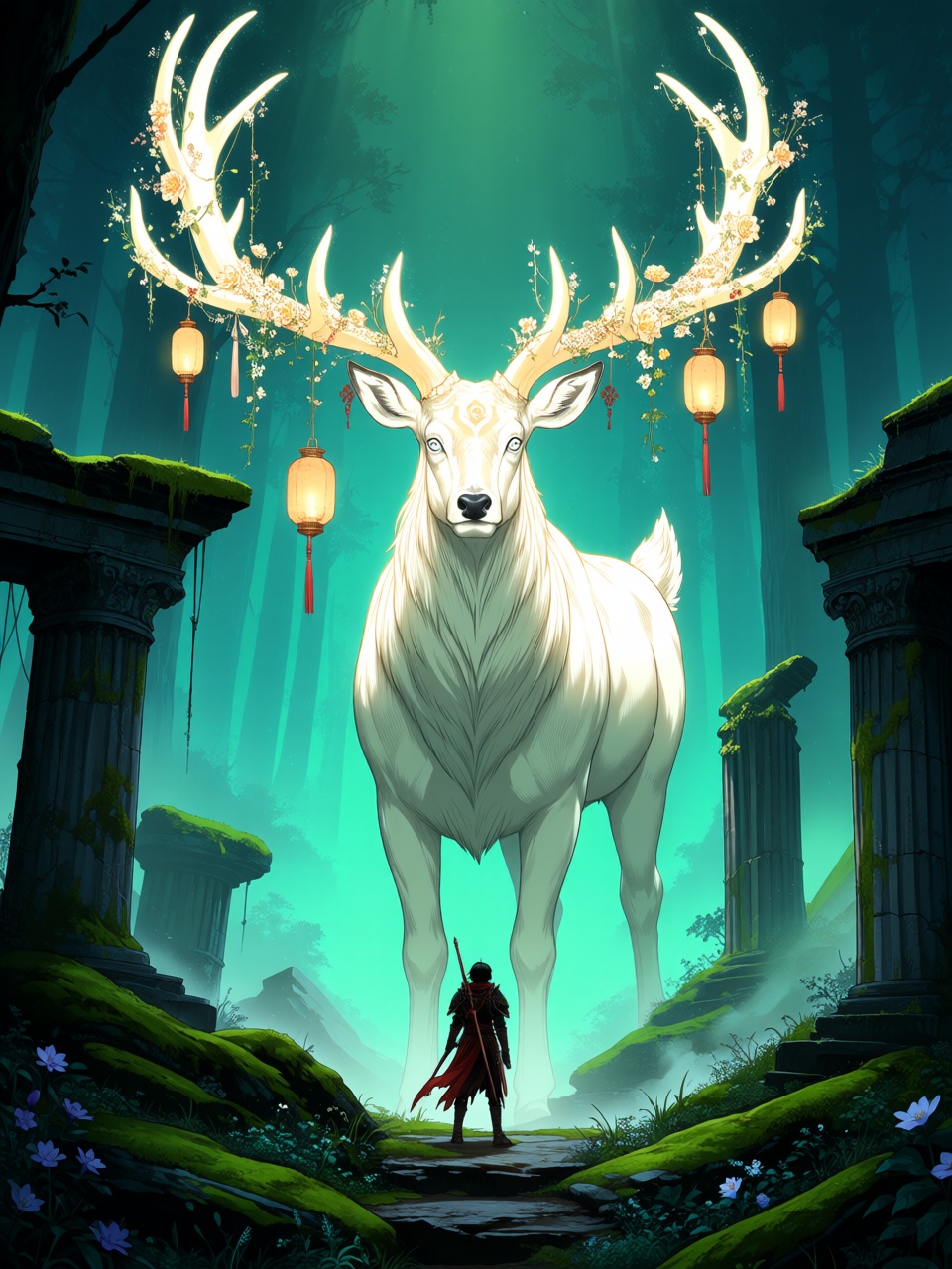 a small anime warrior standing alone in an ancient misty forest before a colossal white deer spirit,  enormous luminous an...