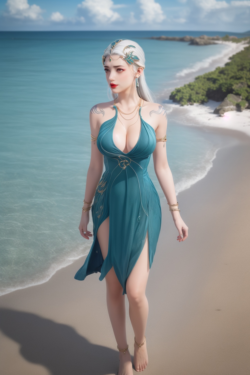 photo_\(medium\),(8k, RAW photo, best_quality),(masterpiece:1.2),(realistic:1.2),(photorealistic:1.3),(ultra-detailed),(extremely_detailed_cg_8k_wallpaper),(crystal_texture_skin:1.3),(shiny:1.2),(shiny_skin:1.4),(extremely_delicate_and_beautiful),shenfengQinYao,1girl,solo,blue dress,torogao,bouncing breasts,cleavage,armlet,tattoo,bracelet,standing,white hair,barefoot,anklet,jewelry,hair ornament,earrings,red lips,realistic,looking at viewer,summer,beach,sea,sunshine,<lora:shenfengQinYao_20240524201339-000005:0.7>,