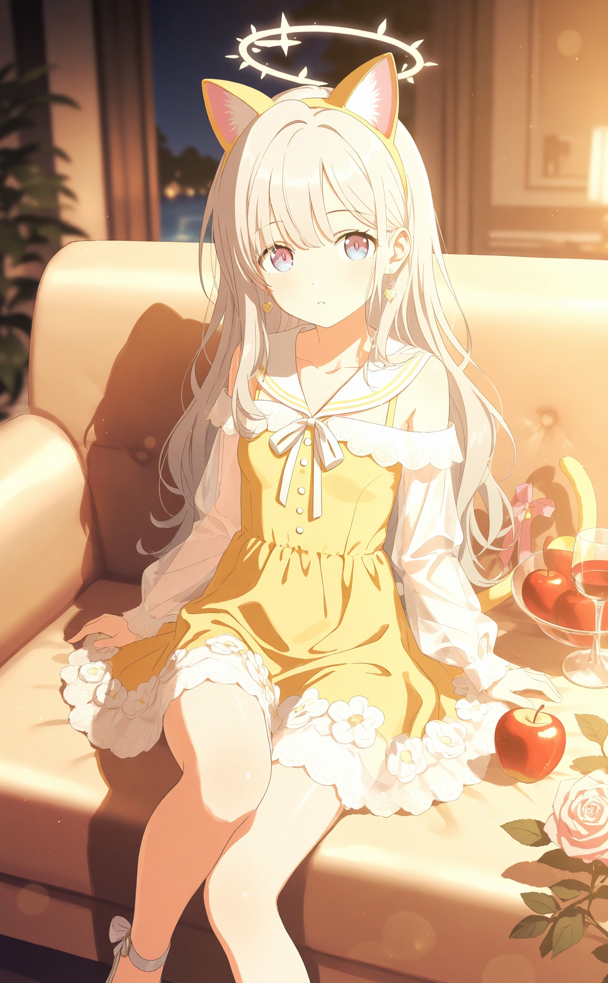 masterpiece,very aware,highres,absurdres,newest,best quality,loli,petite,high quality,//,1girl,apple,blue_eyes,blurry,breasts,cardigan,closed_mouth,collarbone,depth_of_field,dot_nose,dress,earrings,expressionless,fake_animal_ears,feet_out_of_frame,flower,grey_hair,hair_flower,halo,holding,indoors,knee_up,long_hair,long_sleeves,looking_at_viewer,masterpiece,medium_hair,multiple_girls,neck_ribbon,night,off-shoulder_dress,on_couch,parted_lips,partially_submerged,pink_eyes,pink_flower,puffy_sleeves,rose,sailor_collar,sandals,see-through,sitting,small_breasts,solo,standing,sundress,swimsuit,tail_ornament,tree,valentine,water_drop,white_dress,white_flower,white_hair,wine_glass,worst quality,yellow_dress,//,official art,depth of field,detailed light,blurry background,best shadow,shiny skin,cinematic lighting,ray tracing,amazing quality,very aesthetic,absurdres,beast quality,ultra detailed,newest,8K,HDR,//,<lora:BA2——【Illustrious】hans:0.4>,<lora:chahua——【noob】hans:0.6>,