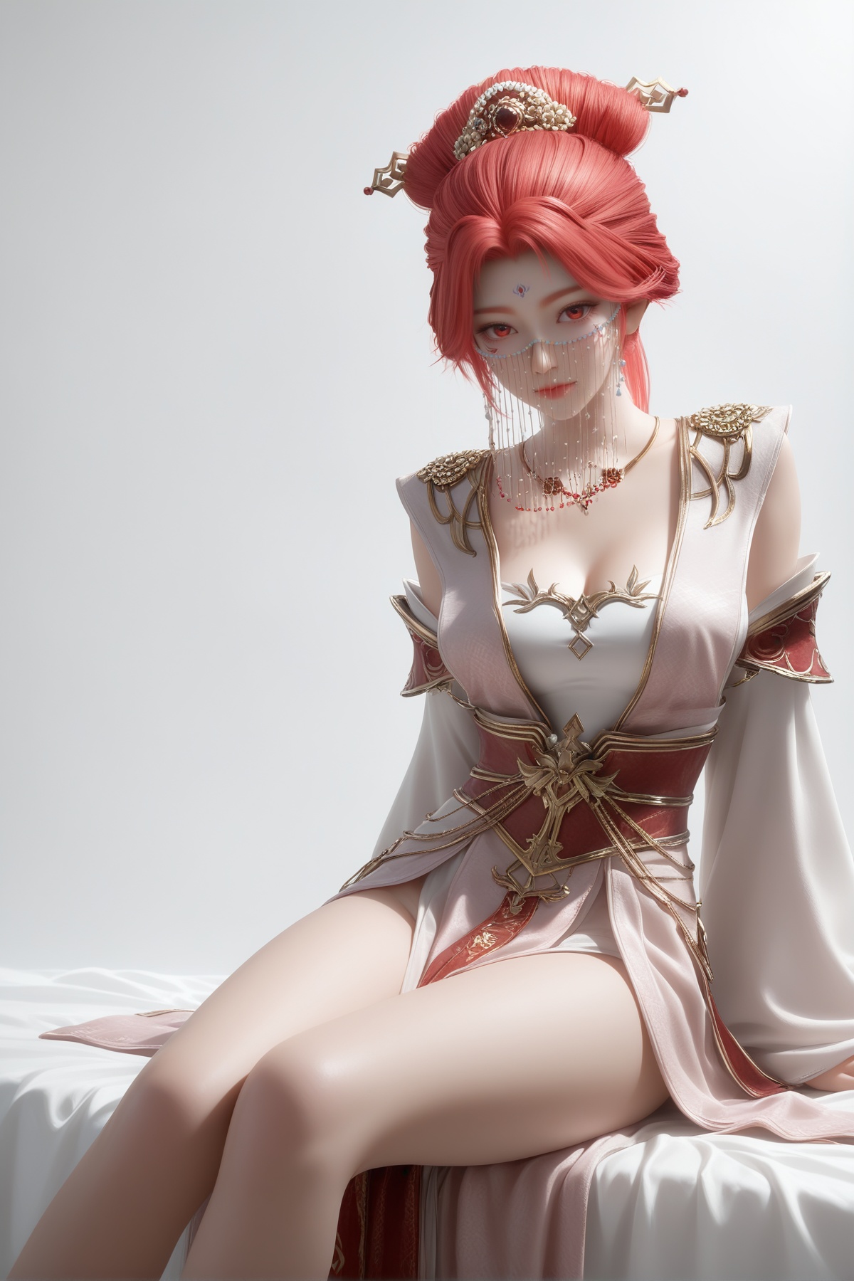 masterpiece,best quality,realistic,cinematic,detail eyes,(ultra-detailed),perfect composition,intricate details,absurdres,detailed face,high quality,high res,8K,<lora:X_huoyuner_yr_IL3.0:0.8>,red hair,red eyes,facial mark,face curtain,1girl,breast,medium breast,hair_ornament,dress,bare_legs,sitting,simple background,white_background,bed,looking_at_viewer,