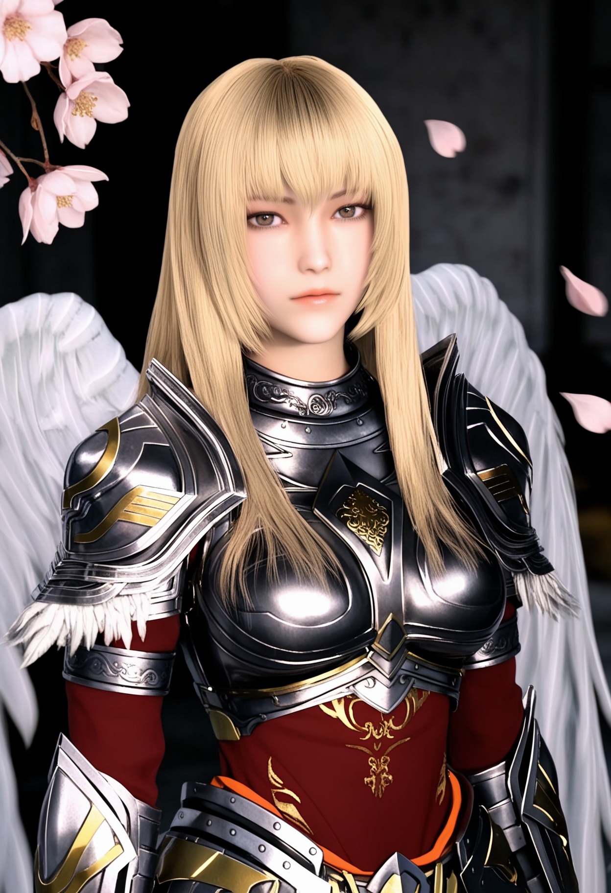 masterpiece,best quality,amazing quality,very aesthetic,high resolution,ultra-detailed,absurdres,scenery,photorealistic,(looking at viewer:1.1),(upper body:1.2),(Dark room:1.3),(moody lighting:1.1),peach blossom,falling petals,(large breasts:0.8),tianshiyan,1girl,blonde hair,solo,long hair,armor,shoulder armor,lips,angel wings,brown eyes,breastplate,realistic,skirt,boots,close-up,portrait BREAK photorealistic details,<lora:QQSilltianshiyanV1:0.9>,