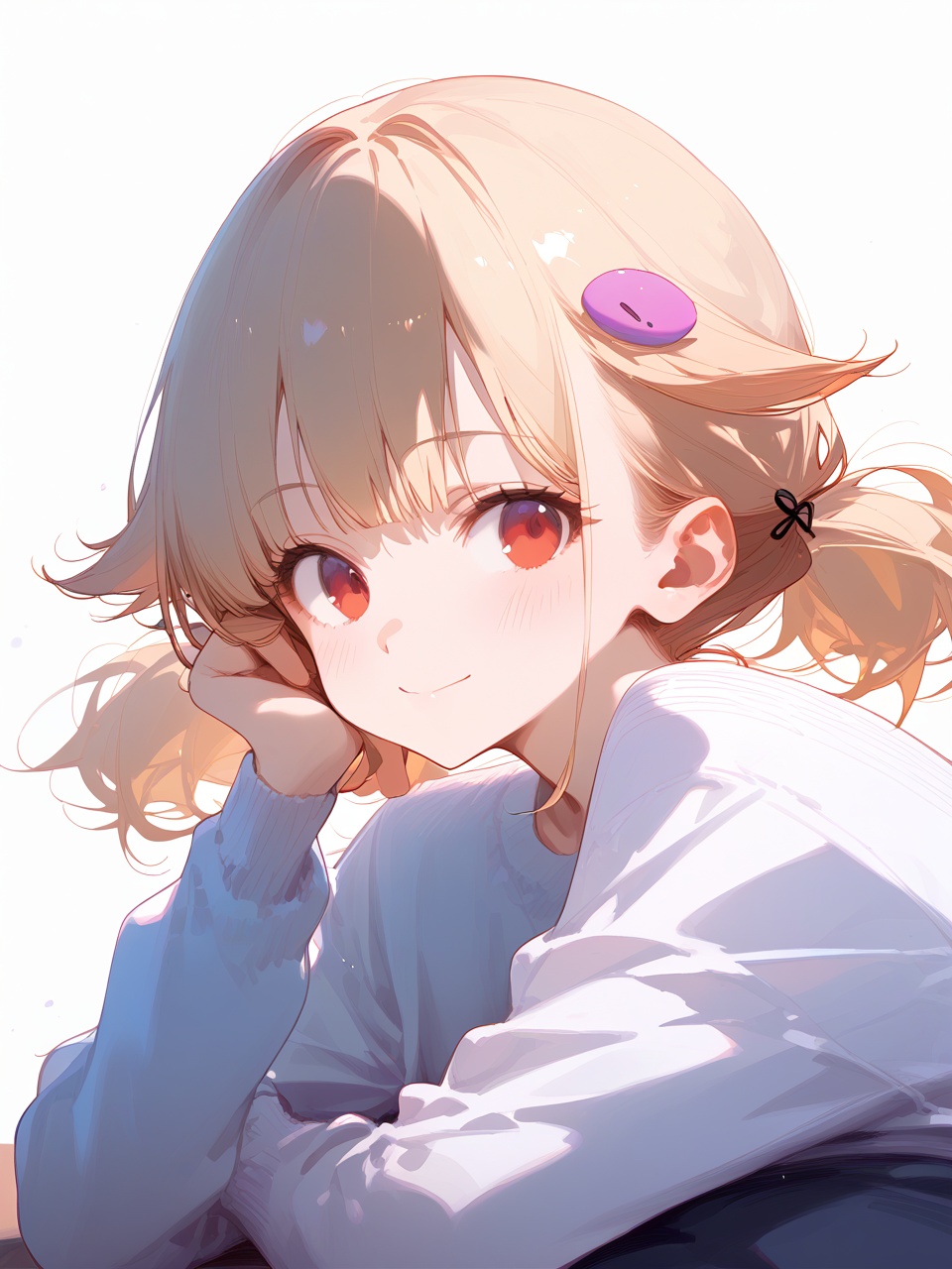 1girl,    score_9, score_8_up, score_7_up, arm rest, simple background, twintails, solo, smile, upper body, jersey, head rest, blonde hair, bob cut, red eyes, light particles, :3, long sleeves, white background, hair intakes, short hair, blush, hand up, looking at viewer, closed mouth, hair flaps, hair ornament