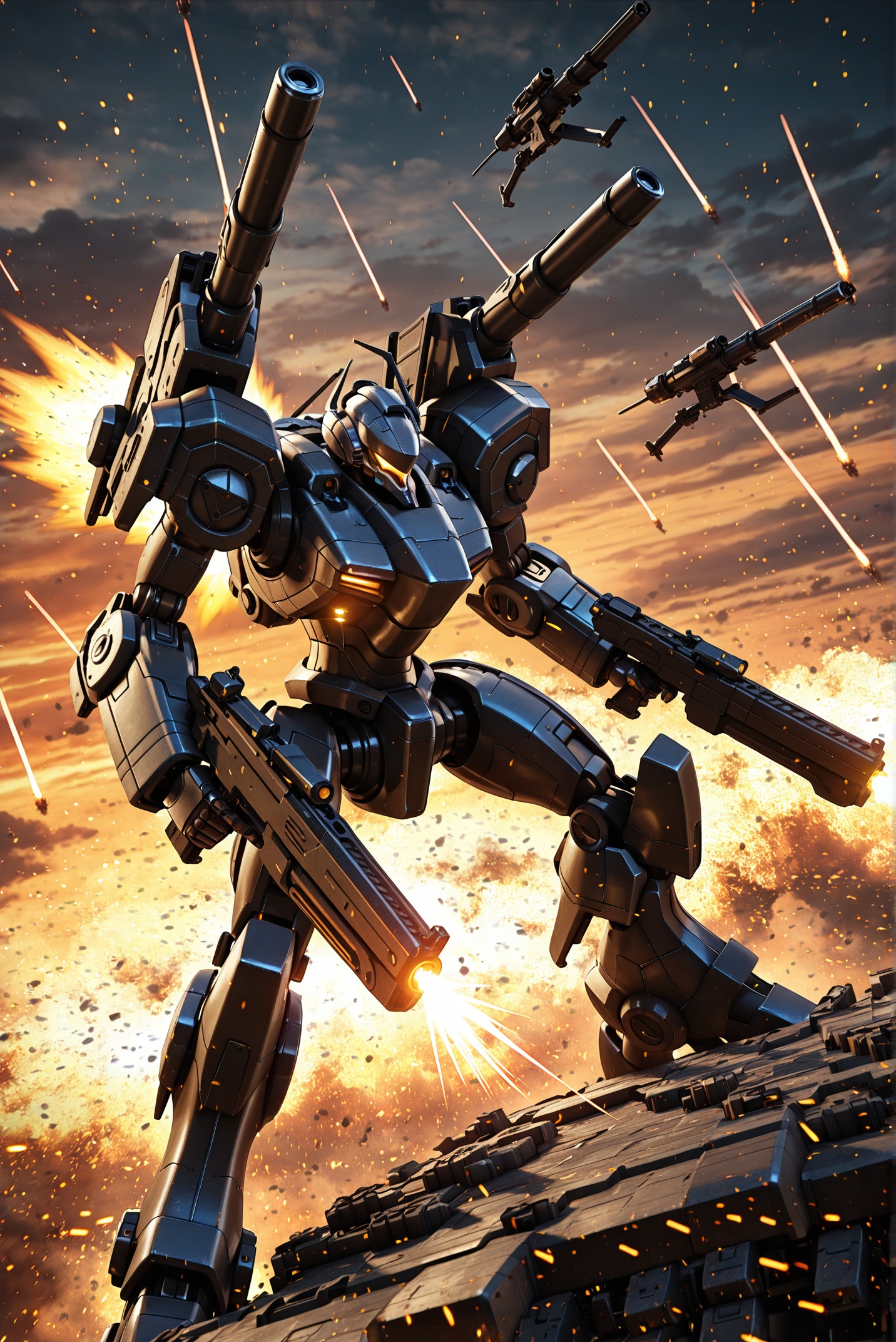 masterpiece,best quality,game cg,aritist:zoh,(artist:nianbingzi:0.4),artist:billyhhyb,realistic,epic seven,unreal 5,<lora:jijia-gnoobv-Tanger-000014:0.6>,ijia,3d,CG,armored core \(video game\),weapon,mecha,robot,no humans,gun,science fiction,holding,holding weapon,holding gun,cloud,battle,glowing,firing,sky,flying,some futuristic robots fighting in the air,some guns on the screen and a light up background,