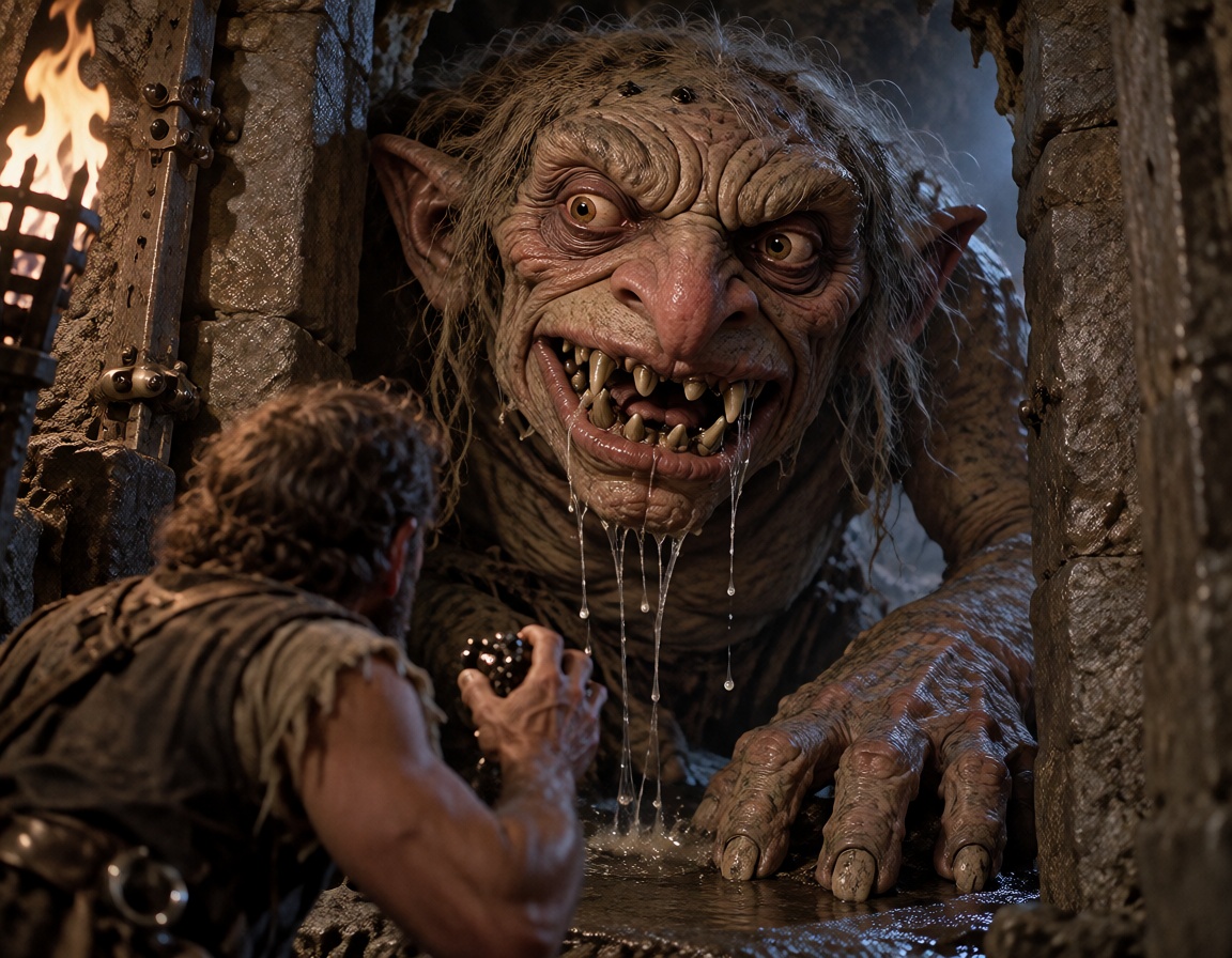 A cave troll squeezing through a narrow stone doorway,  enormous practical animatronic head and shoulders,  latex skin fol...