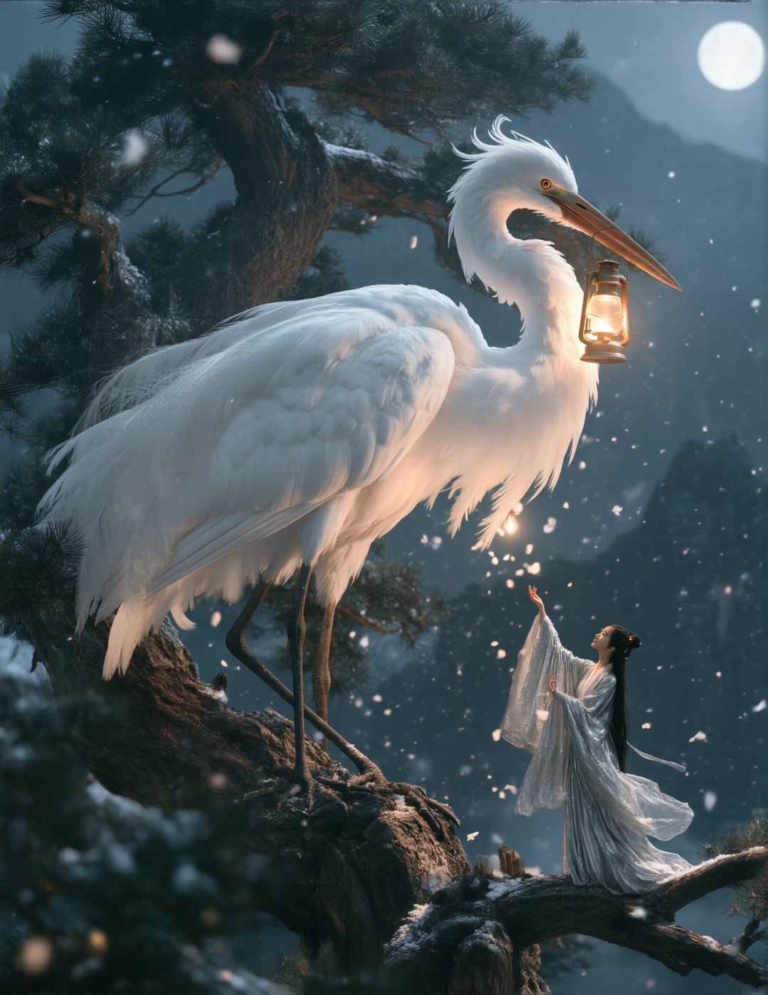 A majestic,  giant white crane stands atop an ancient pine tree,  holding a glowing lantern in its beak. Its feathers are...