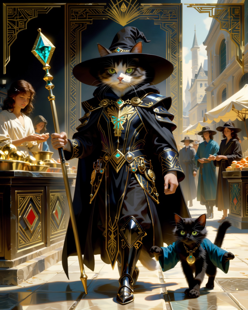 wallpaper digital illustration of A cat dressed as a wizard with staff on one hand and wearing a black robe adorned with g...