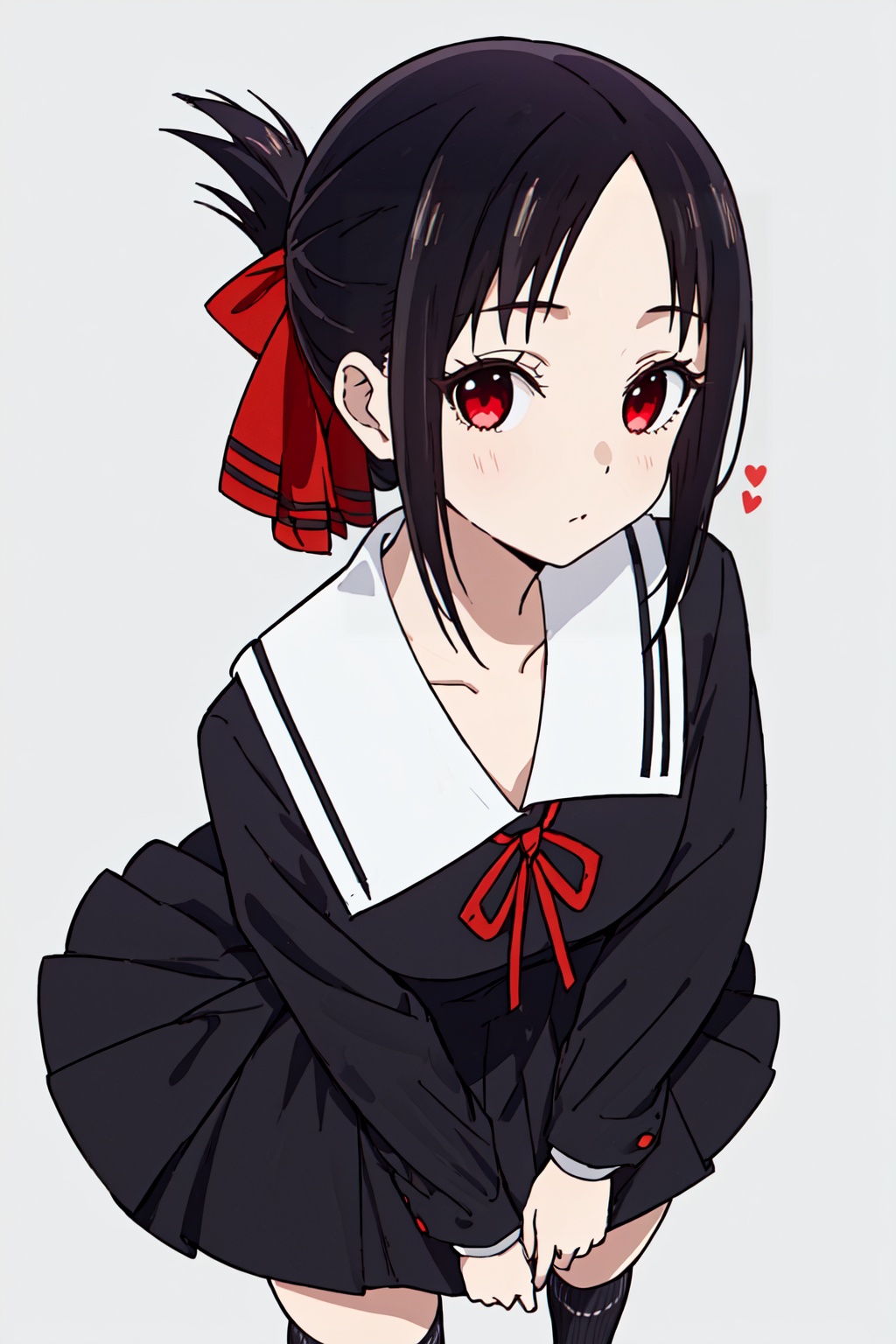 1girl,looking at viewer,solo,black hair,short hair,folded ponytail,red eyes,shuuchiin academy school uniform,dress,ribbon,red ribbon,socks,black socks,hair ribbon,black dress,kneehighs,shoes,long sleeves,<lora:Kaguya:0.8>,Kaguya_CYQL,portrait,beautiful face,beautiful eyes,glossy skin,shiny skin,grey background,simple background,posing in front,masterpiece,best quality,beautiful and aesthetic,contrapposto,female focus,wallpaper,fashion,