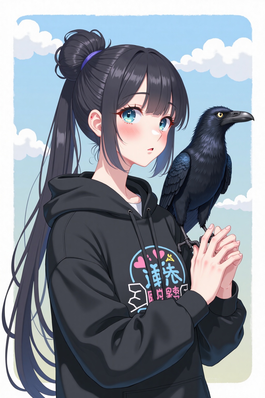 beijihui,A cartoon drawing of a woman with long dark hair tied up in a bun. She is wearing a black hoodie with a hoodie underneath it. Her eyes are blue and her hair is pulled back in a ponytail. Her hands are clasped together in front of her face. She has a black raven perched on her shoulder. The raven has a white eye and a black beak. The background is a light blue sky with white clouds.