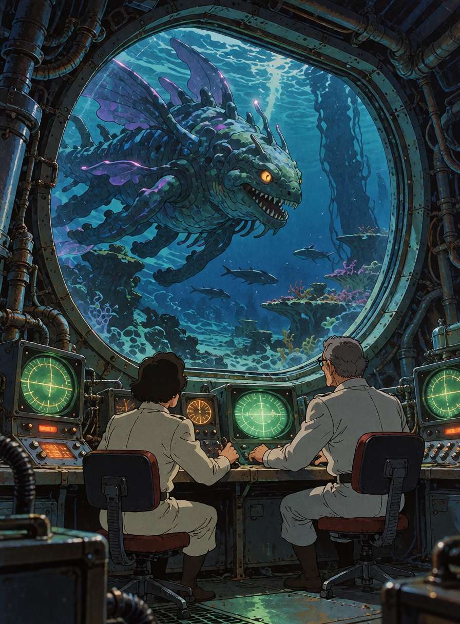 An enormous underwater research facility resting on the ocean floor,  enormous curved observation windows revealing a myst...