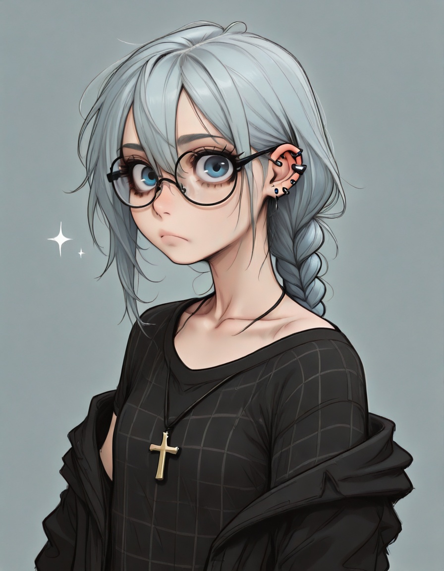 shirt,cross,solo,braid,jewelry,necklace,plaid shirt,cross necklace,blue background,1girl,black shirt,long hair,glasses,ear piercing,piercing,jacket,plaid,upper body,closed mouth,looking at viewer,simple background,sparkle,expressionless,jacket partially removed,blue eyes,single braid,blue hair,earrings,black jacket,hair between eyes,off shoulder,collarbone,round eyewear,light blue background,long sleeves,black-framed eyewear,open clothes,latin cross,frown,