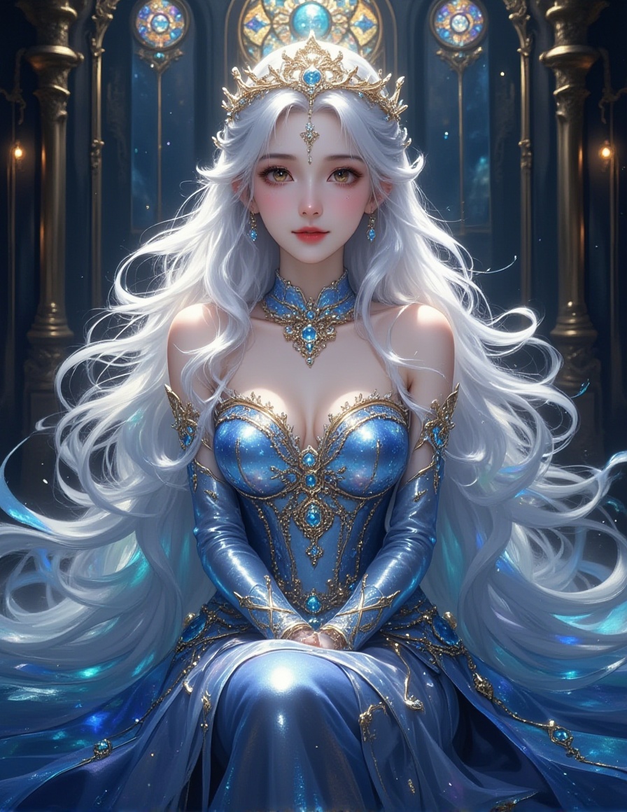 A digital illustration shoot from a below camera angle about a fantasy character with long white hair and a crown, dressed in intricate blue and gold attire, seated in a dark, mystical environment. the image also shows dramatic lighting and intricate details. on the middle of the image, a 1girl, who appears to be a young *****, who is facing the viewer and looking at the viewer, with a gentle smile and a closed mouth expression, wearing a revealing blue and silver dress with gold accents. the dress has a high collar and a low-cut design, revealing her medium-sized breasts and cleavage. she has long, flowing white hair, yellow eyes, and is wearing a tiara. her body is slim and she has bare shoulders. the background is dark and mystical, with stained glass windows and metallic structures.1girl, solo, long hair, white hair, yellow eyes, dress, breasts, looking at viewer, sitting, blue dress,<lora:动漫美女1 (1):1>,