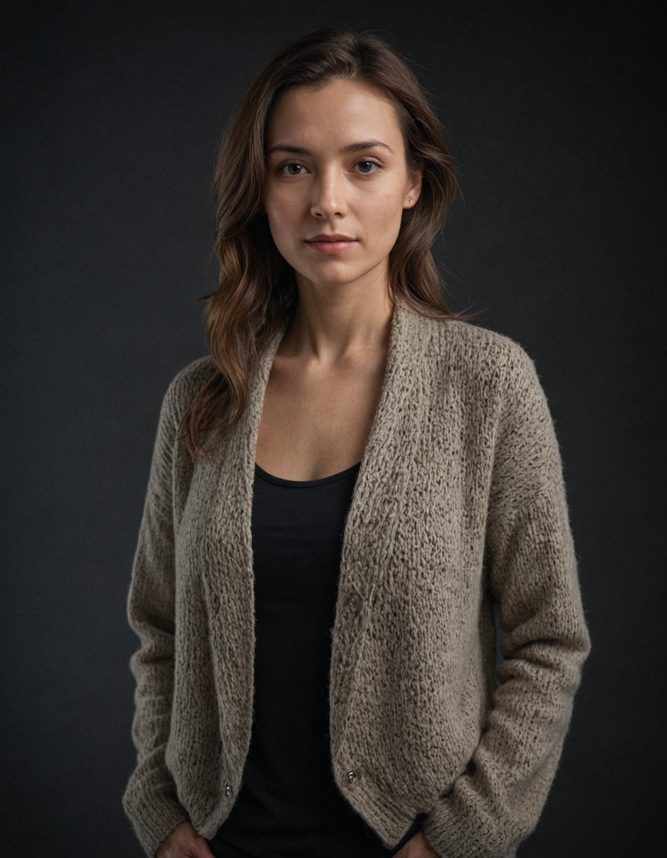 centered, portrait photo of 35 y.o woman, open jacket, sweater, natural skin, dark shot