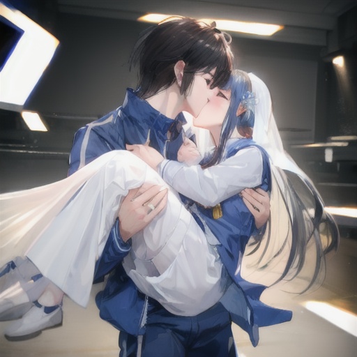 1girl, 1boy, princess carry, masterpiece, best quality, highly detailed,XiaoWulora,beautiful, best quality,carrying, bridal carry,kiss