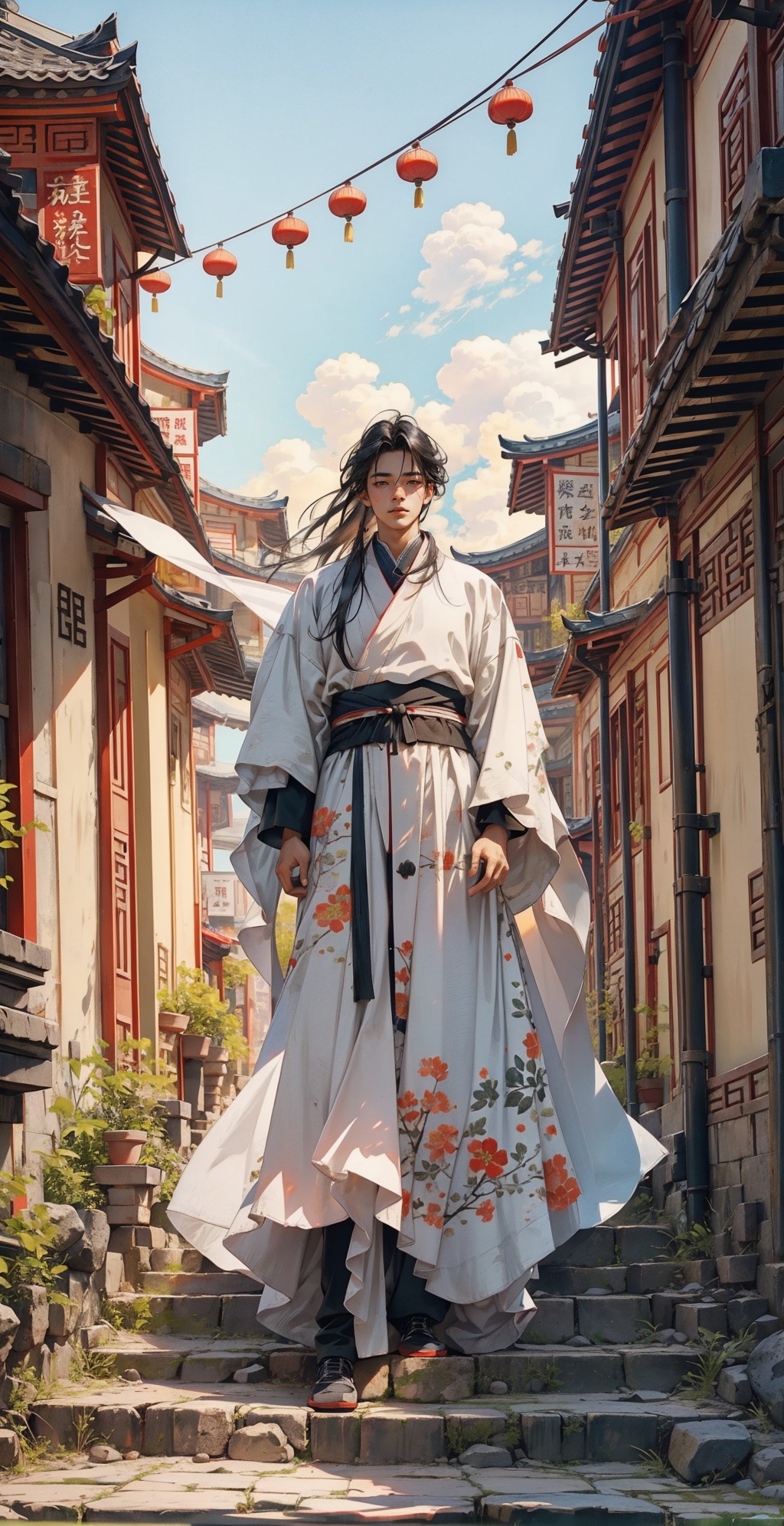 1man,elaborate Hanfu:1.5,masterpiece,high quality,best quality),(colorful),out door,Clothing pattern,in china environment,(delicate eyes and face),volumatic light,ray tracing,<lora:elaborate Hanfu_20230808075428:0.45>,imperial city,multicoloured,man:1.5,Exquisitely dressed,long hair,cloth shoes