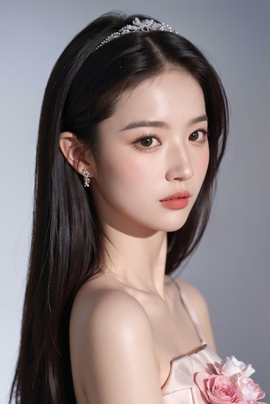 1girl, solo,(front view:1.2),(looking_at_viewer:1.4),(eye-contact:1.4),,black hair, long hair, jewelry, realistic, earrings, hair ornament, black eyes, lips, collarbone, parted lips, flower, watermark, upper body, portrait, hair flower, dress, web address, , <lora:YG红颜阁美女10:0.85>,