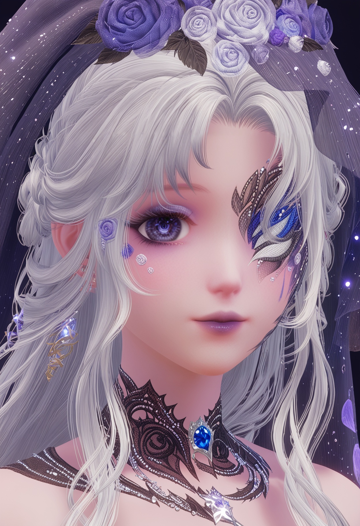 (upper_body:1.2),(looking at viewer:1.1),facing viewer,direct gaze,<lora:YQ_pony_nuannuan36_V4:0.8>,q1528437228,1girl,solo,jewelry,long hair,white hair,purple eyes,dress,hair flower,hair ornament,makeup,earrings,gloves,ring,eyepatch,petals,purple lips,bridal gauntlets,pointy ears,blue eyes,grey hair,high heels,one eye covered,choker,pantyhose,long dress,bridal veil,fingerless gloves,necklace,fine fabric emphasis,bow,braid,eyeshadow,BREAK simple background,pure black background,black background,perfect anatomy,