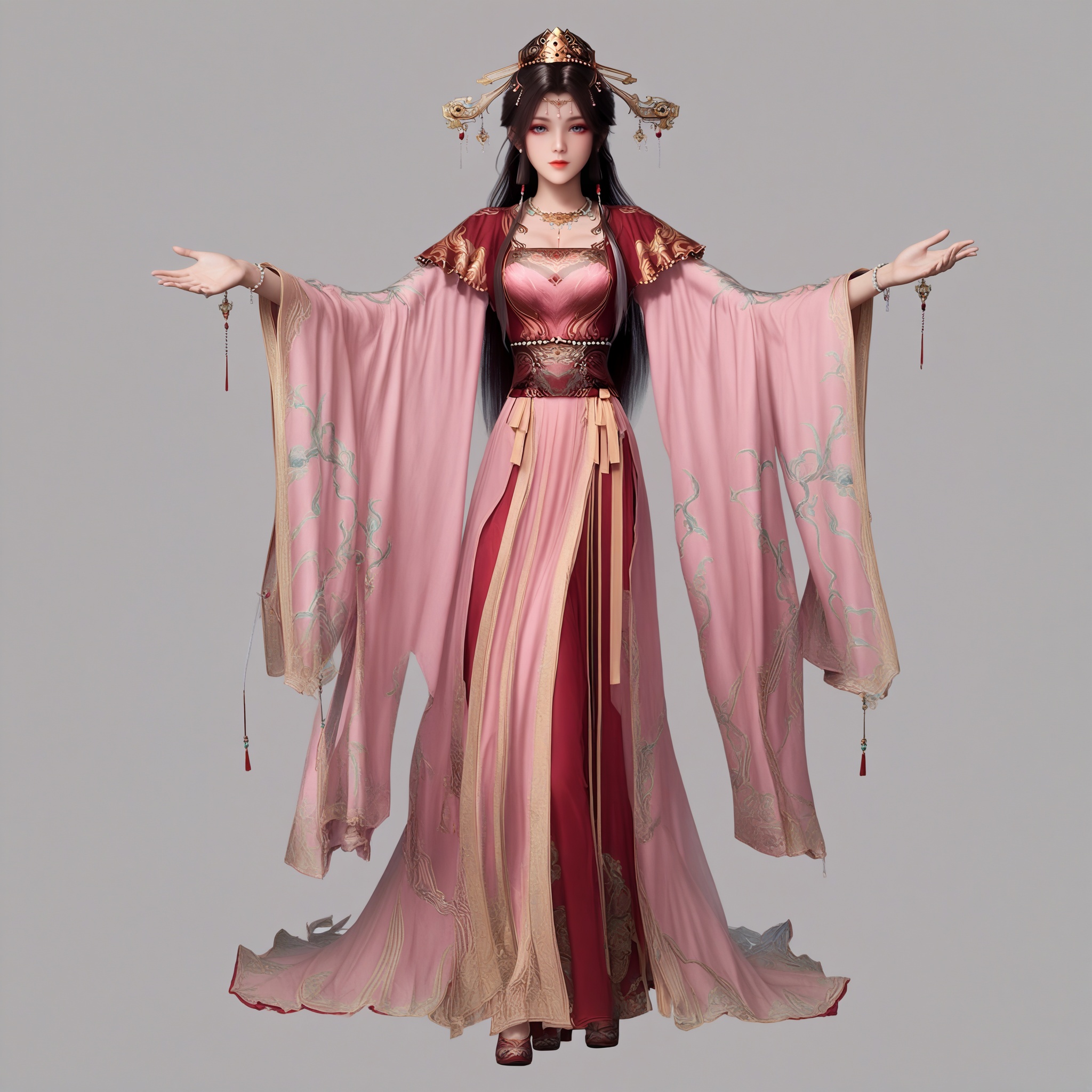 score_9,score_8_up,score_7_up,<lora:pony灵毓秀皇装1:1>,1girl,solo,long hair,looking at viewer,simple background,brown hair,black hair,hair ornament,long sleeves,dress,jewelry,standing,full body,earrings,wide sleeves,grey background,necklace,chinese clothes,outstretched arms,pink dress,vulva,<lora:tainster-com style,cumshot,cum-pony-V1:0.4>,ejaculation in the hair,ejaculation,ejaculation on the face,