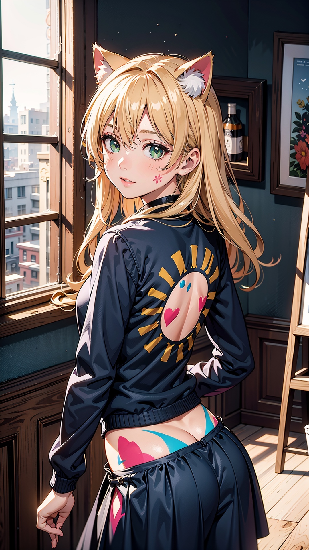 (masterpiece, best quality, high resolution), Beautiful Nose, perfect eyes, perfect face, beautiful body, alluring, wallpaper, perfect lighting, Colorful,ultra highres, photography, 8K, HDR, detailed, 1 girl,  <lora:PaintOnBody32:1>, (body paint:1.3),  long blond hair, green eyes, cat ears, T-shirt, long sleeves, skirt, (stand back to the viewer:1.6), On the windowsill