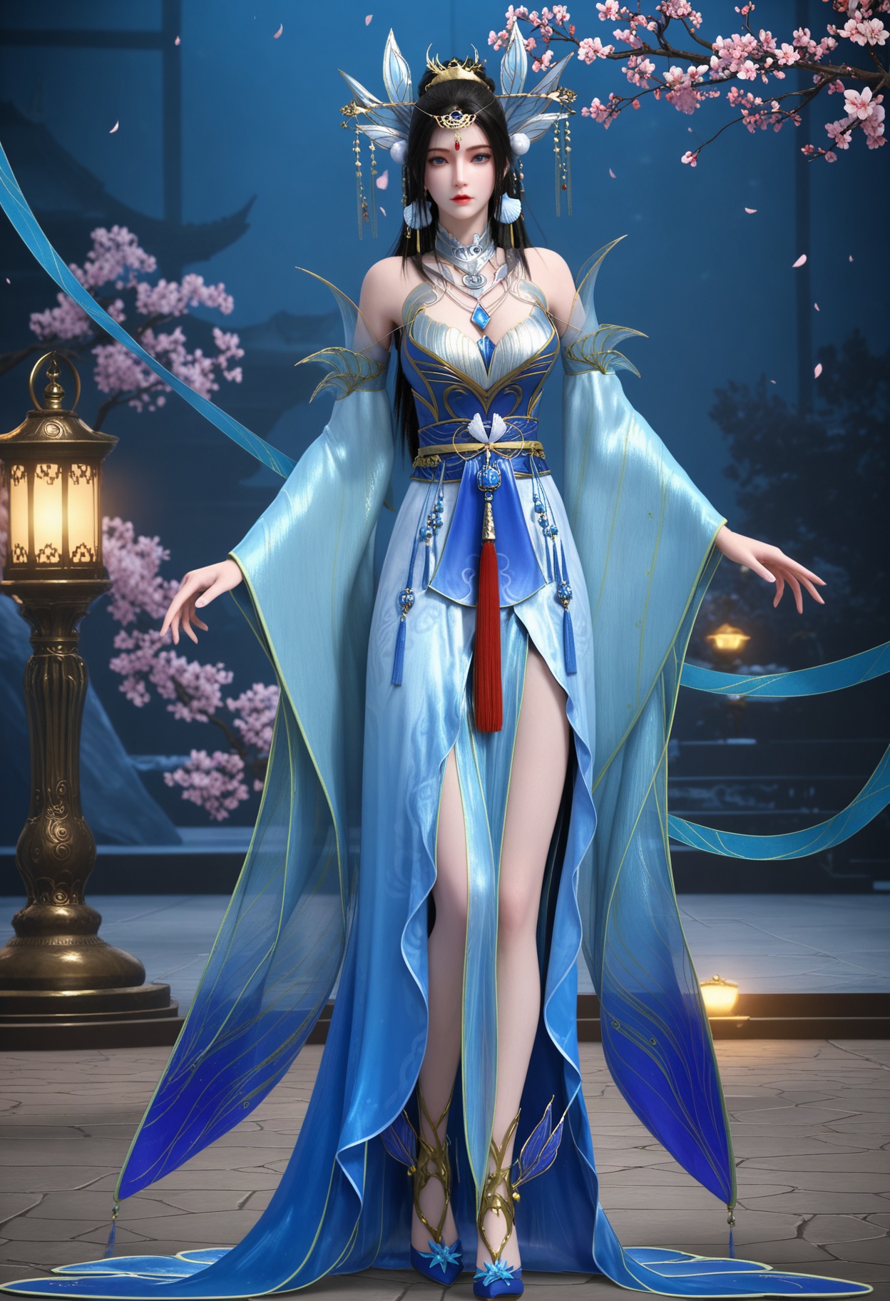 (standing full_body:1.1),(looking at viewer:1.1),masterpiece,(best quality),smog,Dark room,dim lighting,peach blossom,falling petals,<lora:YQ_Illustrious光辉v5_楚宣_V1:0.8>,q1528437228,1girl,solo,hair ornament,black hair,long hair,jewelry,dress,earrings,blue dress,chinese clothes,detached sleeves,blue eyes,sash,necklace,high heels,hair bun,tiara,blue footwear,brown hair,forehead mark,wide sleeves,long sleeves,pantyhose,ponytail,detached collar,collar,thighs,gold footwear,