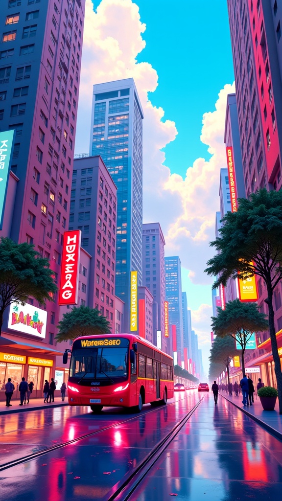 there is a painting of a city street with a bus on it,city street view background,anime style cityscape,colorful city,street background,animated movie scene,sylvain sarrailh,anton fadeev and dan mumford,city of pristine colors,alena aenami and artgerm,futuristic street,rio de janeiro in an anime film,colorful anime movie background,cinematic summer vibrancy,detailed street,alena aenami and android jones,hd anime cityscape,city background,anton fadeev 8 k,futuristic dieselpunk street,style of alena aenami,zootopia concept art,endless street,matte art,symmetric matte painting,cgsociety 9,futuristic city street,artistic. alena aenami,anime background art,animated movie shot,anime scenery,beautiful color art,stunning art style,