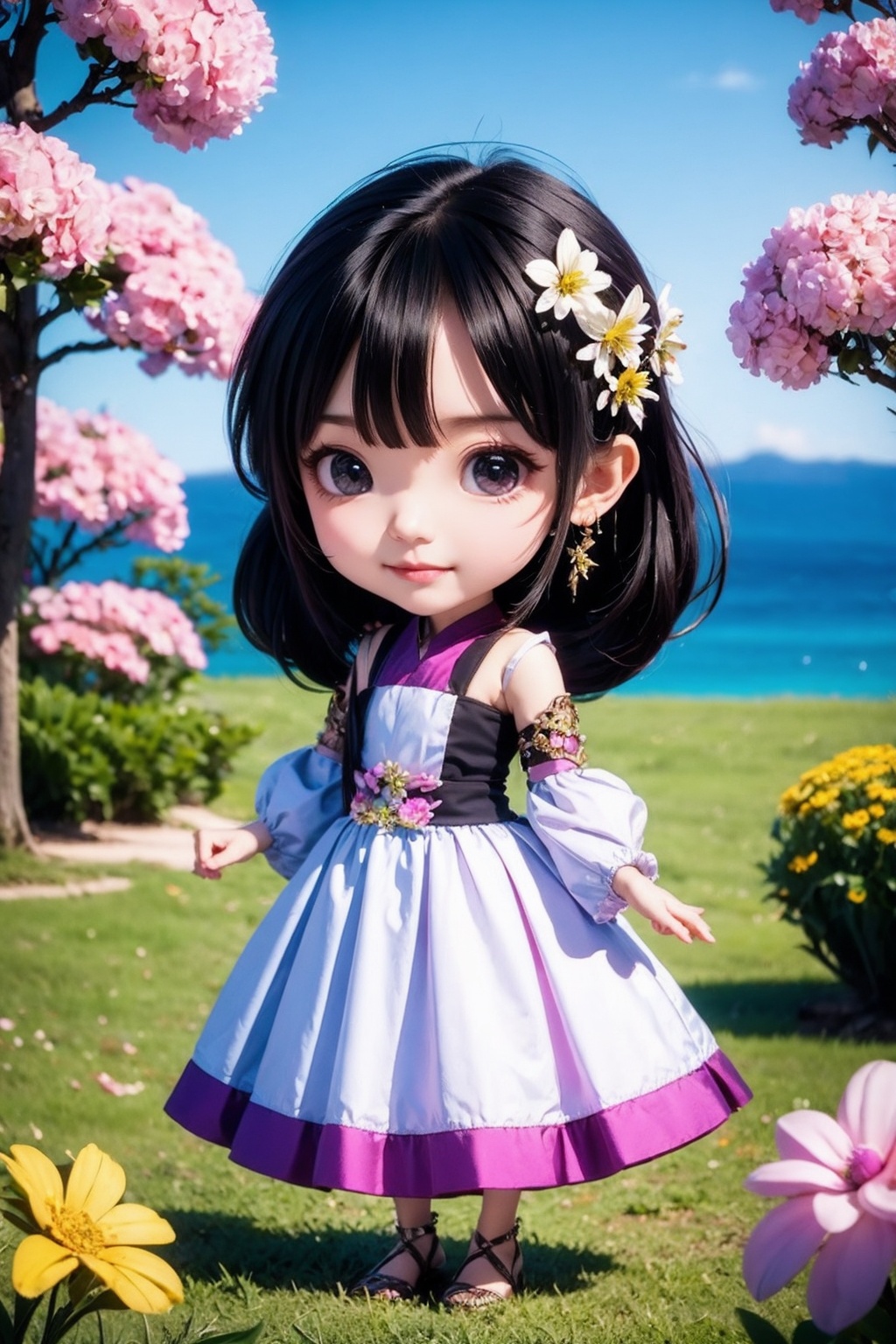 1girl, flower, solo, hair ornament, black hair, hair flower, wide sleeves, jewelry, long sleeves, vase, earrings, looking at viewer, brown eyes, black eyes, outdoors, chibi