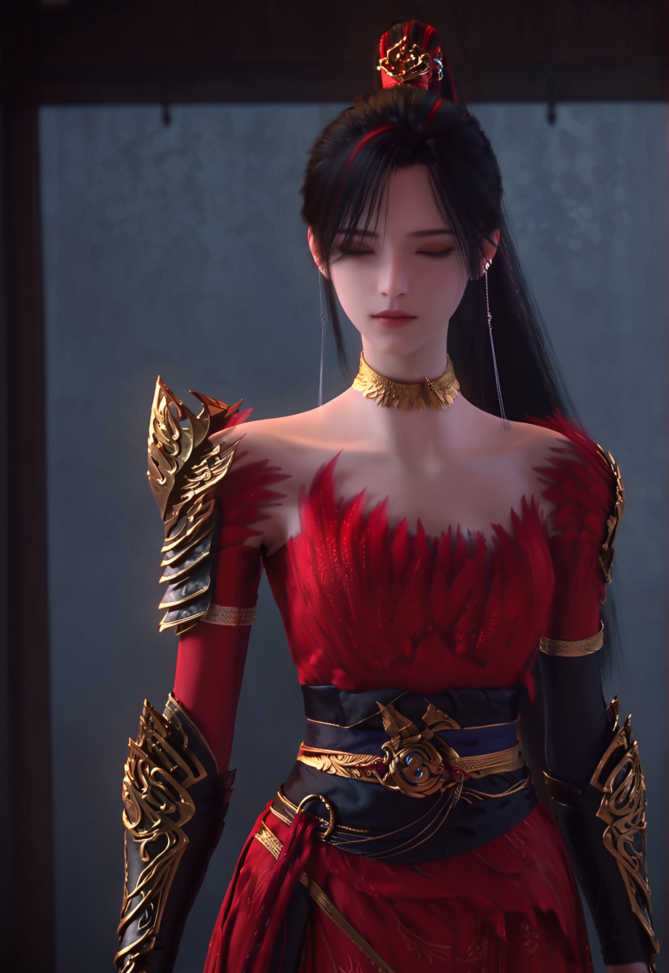 score_9,1girl,ponytail,closed eyes,solo,hair ornament,long hair,red dress,jewelry,earrings,armor,black hair,sash,<lora:赵襄儿:0.8>,