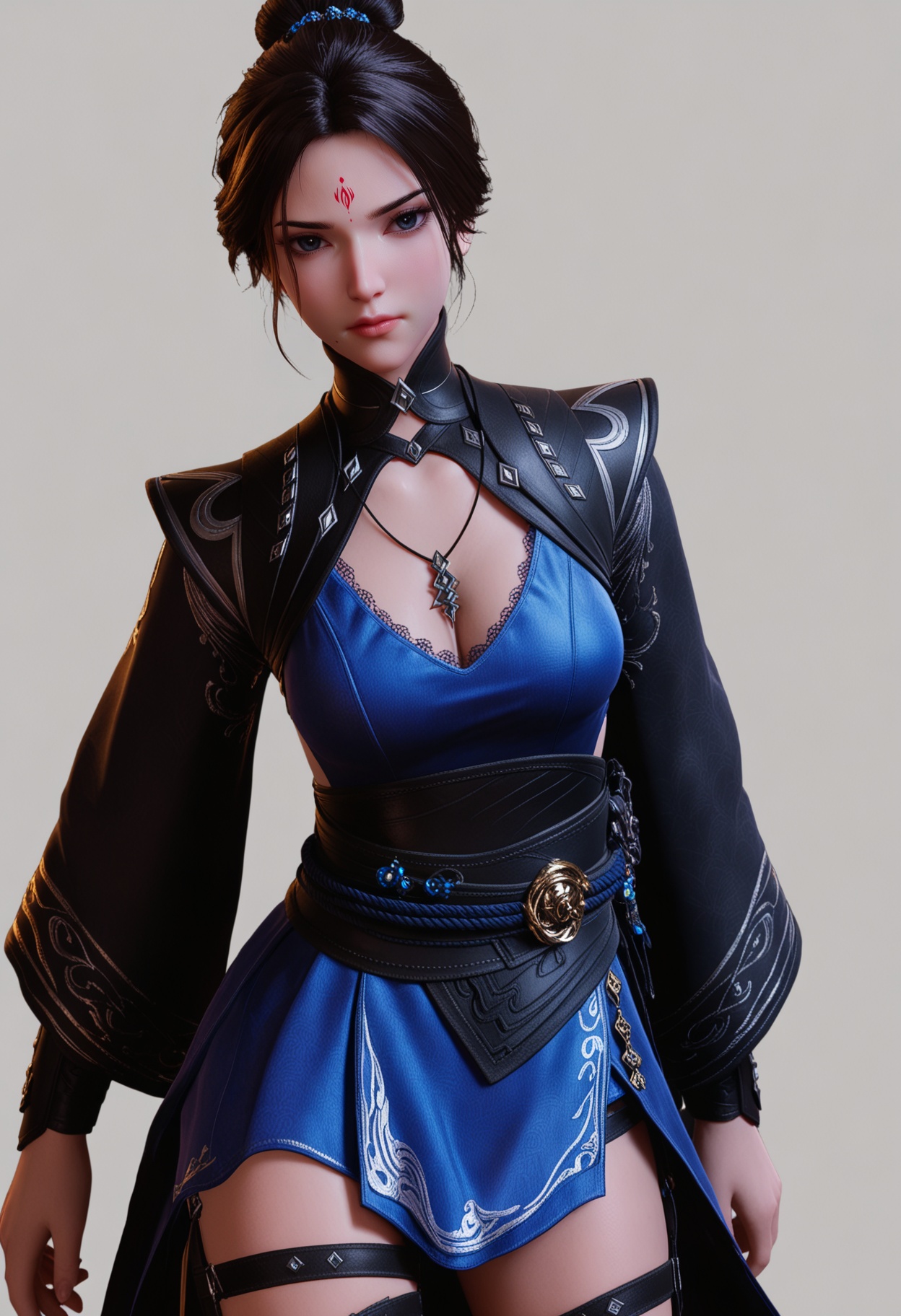 score_9,high detail,best quality,cinematic lighting,volumetric lighting,shiny skin,shiny,1girl,solo,black_eyes,mole under mouth,jewelry,necklace,dress,thigh strap,forehead mark,black hair,breasts,cleavage,long sleeves,white background,standing,blue dress,hair bun,closed mouth,lips,sash,short hair,simple background,looking at viewer,upper_body,thighs,<lora:QQSponyqingyushenzunV1:0.8>,<lora:Pony_DetailV2.0:0.8>,<lora:皮肤凹痕:0.1>,