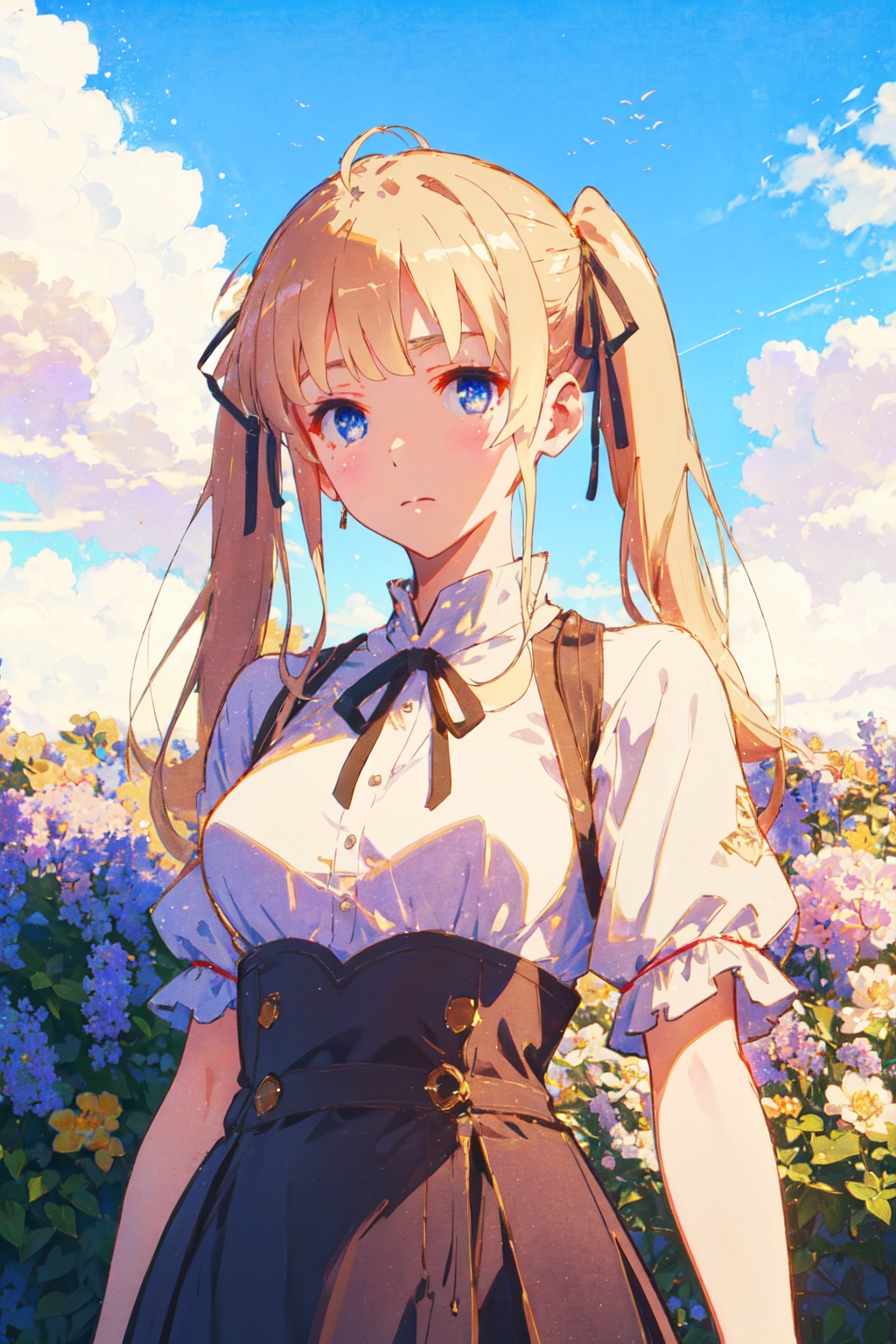 <lora:Eriri-000012:0.8>,eriri cyql,1girl,looking at viewer,solo,blonde hair,long hair,twintails,blue eyes,ribbon,hair ribbon,Romantic lace dress with a sheer neckline and illusion back,Sensual, A deep, intense gaze, a slow, deliberate smile, and a relaxed posture.,upper_body,beautiful face,beautiful eyes,glossy skin,shiny skin,Cottage garden flowers, Herbaceous borders, Cottage charm, Summer blooms, English countryside, Bees buzzing,beautiful detailed sky,beautiful detailed glow,posing in front of a colorful and dynamic background,masterpiece,best quality,beautiful and aesthetic,contrapposto,female focus,wallpaper,fashion,