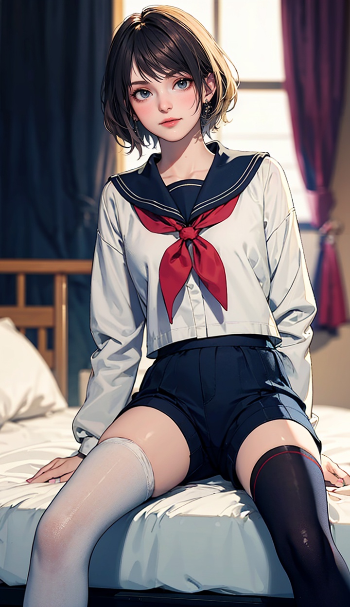 1girl,short hair,thighhighs,indoors,solo,no shoes,sitting,window,school uniform,looking at viewer,long sleeves,white thighhighs,closed mouth,bed,blurry,on bed,serafuku,curtains,sailor collar,skirt,bedroom,sunlight,shirt,neckerchief,jewelry,blurry background,shorts,ashley,<lora:ashleyre4r-000005:0.75>,