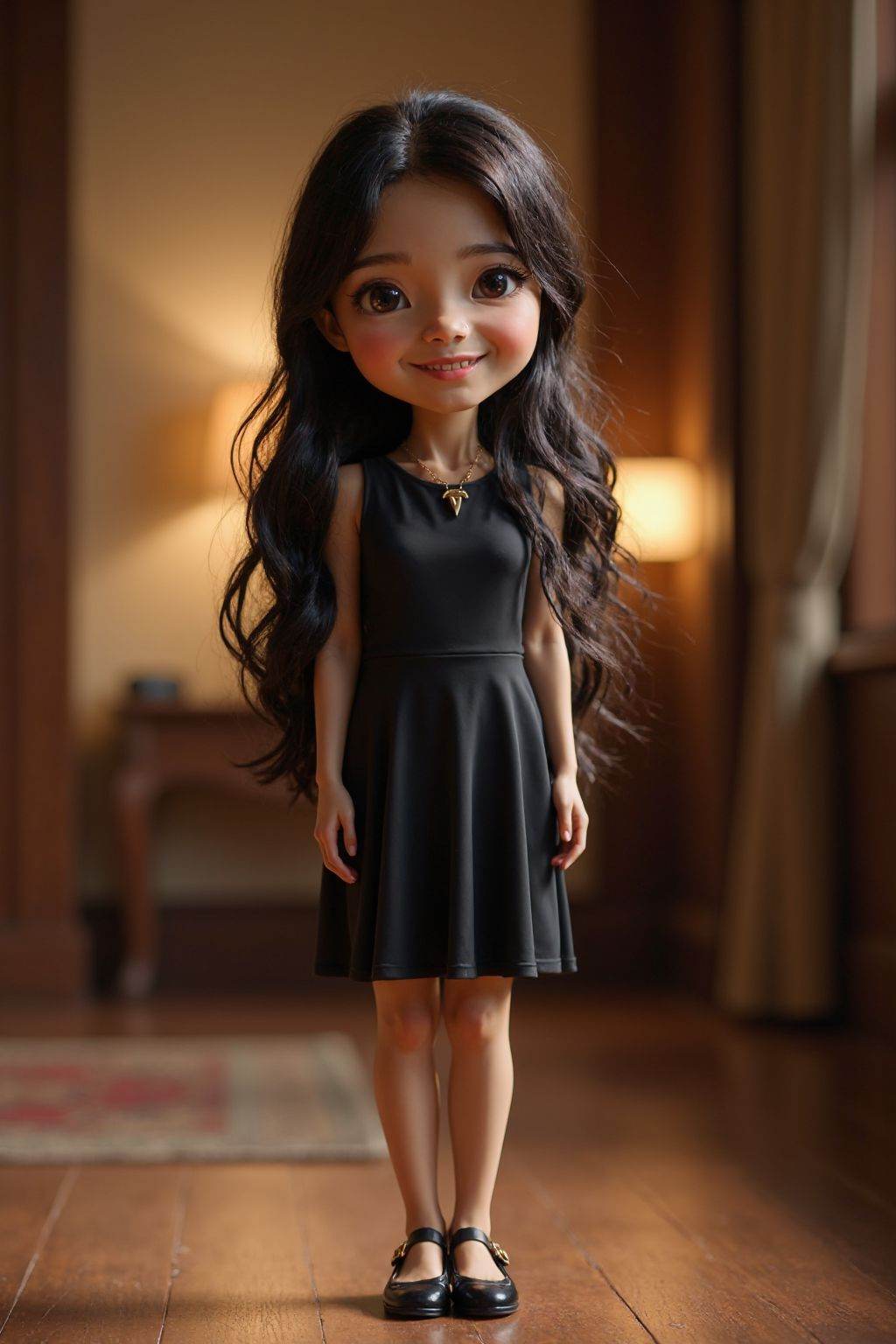 HDR photo of cinematic film still the image is a high-resolution photograph featuring a woman,solo,looking at viewer,smile,black long hair,standing,full body,dress,footwear,indoors,realistic,chibi, . shallow depth of field, vignette, highly detailed, high budget, bokeh, cinemascope, moody, epic, gorgeous, film grain, grainy . High dynamic range, vivid, rich details, clear shadows and highlights, realistic, intense, enhanced contrast, highly detailed