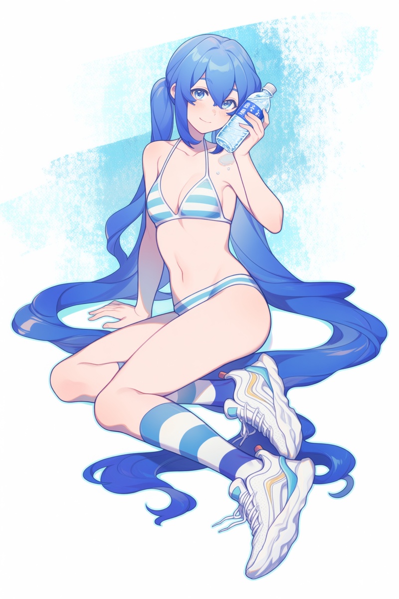 @tbst,  A digital illustration of a young woman with long blue hair sitting on the floor,  leaning slightly back with her...