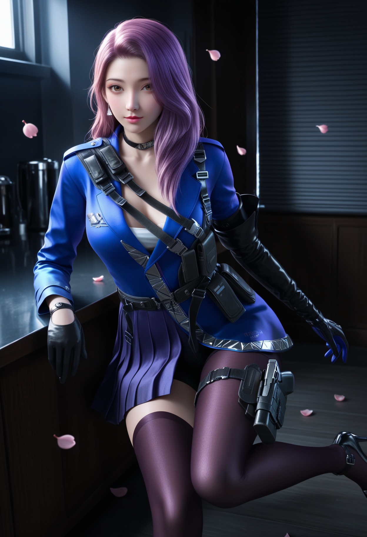 masterpiece,best quality,amazing quality,very aesthetic,high resolution,ultra-detailed,absurdres,scenery,photorealistic,(looking at viewer:1.1),upper body,(Dark room:1.3),(moody lighting:1.1),peach blossom,falling petals,(large breasts:0.8),yunyouyou,1girl,solo,long hair,gloves,pink hair,choker,belt,black gloves,jewelry,earrings,brown eyes,thighhighs,jacket,skirt,holster,blue jacket,purple hair,single thighhigh,high heels BREAK photorealistic details,<lora:QQSillyunyouyoubwV1:0.9>,