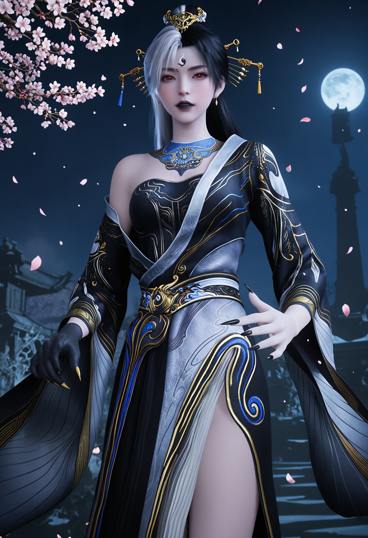 (cowboy shot:1.2),(looking at viewer:1.1),masterpiece,(best quality),smog,Dark room,dim lighting,peach blossom,falling petals,<lora:YQ_Illustrious光辉v5_阴阳教圣女_V1:0.8>,q1528437228,1girl,dress,solo,hair ornament,long hair,jewelry,black hair,earrings,white hair,forehead mark,red eyes,hair stick,multicolored hair,two-tone hair,forehead jewel,hair bun,wide sleeves,long sleeves,black dress,gloves,grey hair,blue dress,chinese clothes,black gloves,sash,single hair bun,black lips,necklace,short hair,black footwear,fingernails,sharp fingernails,blue hair,colored skin,shoes,black nails,