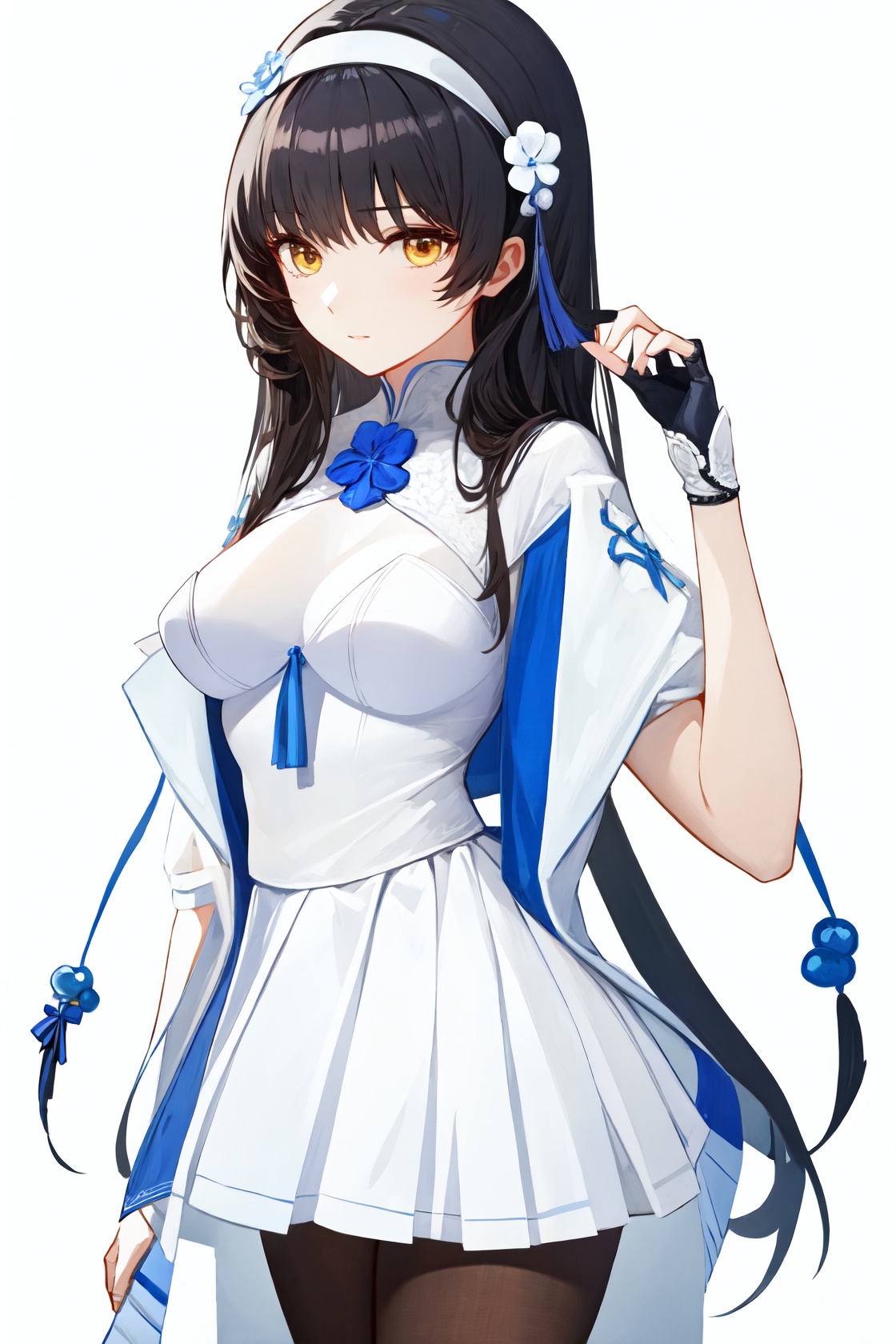 <lora:nai3画风bysdlion-000035:1:lbw=OUTS>,<lora:少前95-000011:1:lbw=char>,shaoqian95,1girl,white gloves,fingerless gloves,black pantyhose,hairband,white dress,white skirt,, (masterpiece,best quality,high quality:1.4),absurdres,