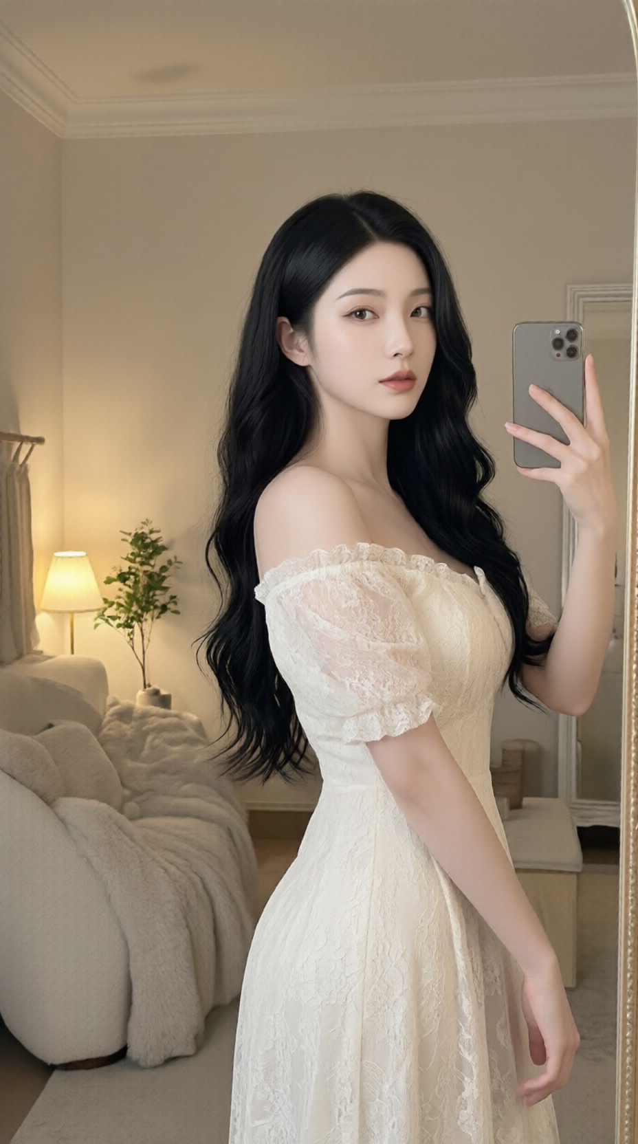 beauty,a photo-realistic shoot from a front camera angle about a young woman taking a selfie in a white lace dress, standing in a softly lit room decorated with fairy lights and flowers, on the middle of the image, a 20-year-old asian woman with long, wavy black hair, fair skin, and brown eyes appears to be looking directly at the camera with a neutral expression, she is wearing a white, long-sleeved lace dress with a deep neckline and a fitted bodice that accentuates her large breasts, the dress has intricate lace patterns and a subtle sheen that catches the light, the woman is holding a white iphone in her right hand, and her left hand is resting on her hip, in the background, there is a cozy living room with a bed, curtains, and string lights, and a vase of dried flowers on the windowsill, the lighting is soft and warm, creating a serene atmosphere,