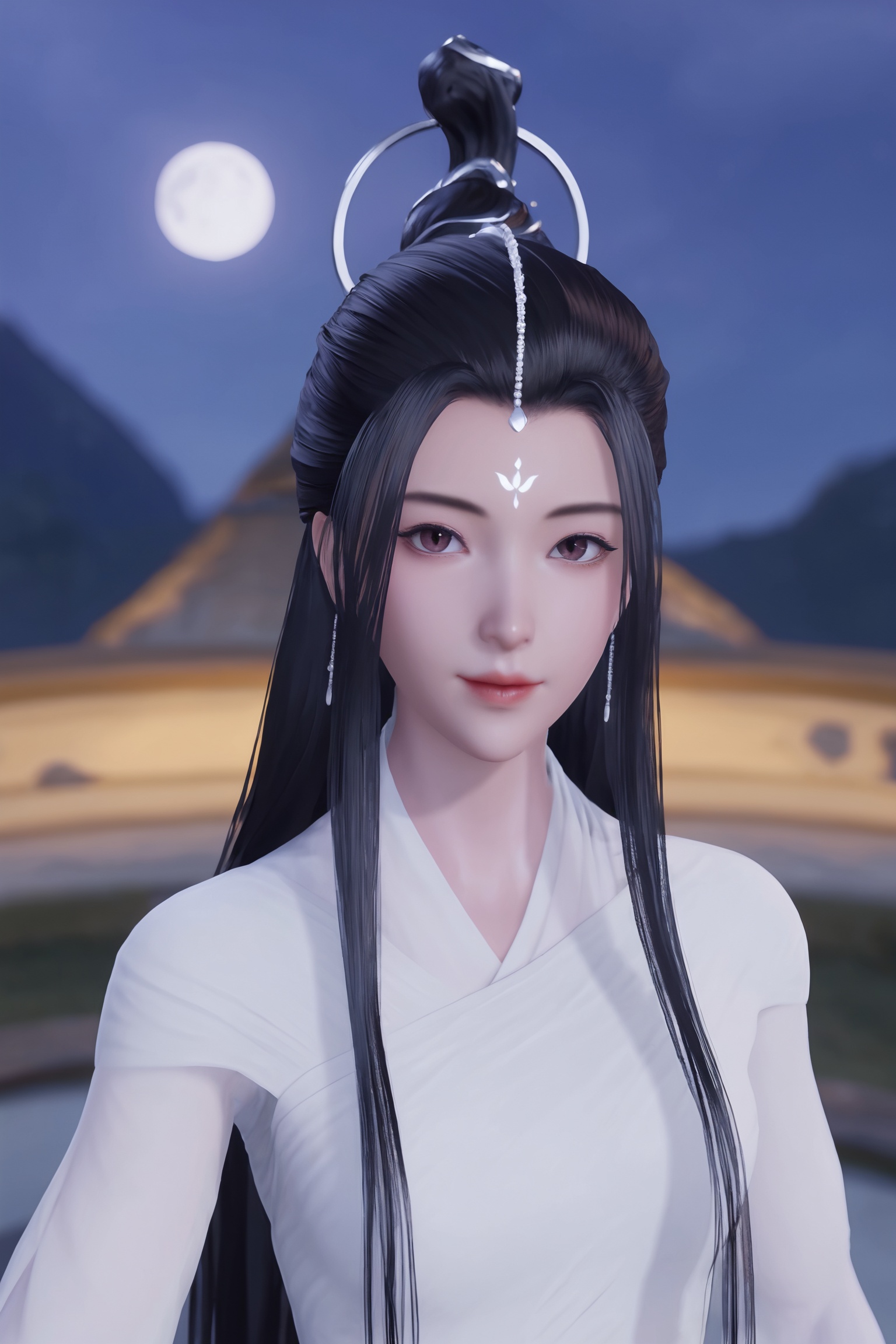 score_9,1girl,solo,shiny,shiny_hair,score_9,upper_body,portrait,fair_skin,white_skin,shiny_skin,shiny,Ivory_skin,looking at viewer,cinematic lighting,volumetric lighting,solo focus,blurry background,depth of field,night,sky,night sky,full moon,(huge planetary background:1),moonlight,<lora:万界独尊-白衣女子:0.7>,long,flowing black hair,flowing white traditional East Asian robe,high collar,slit skirt,white headpiece,