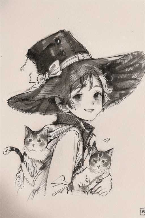 pencil drawing,(masterpiece, best quality, high resolution, absurdres, intricate details:1.3),monochrome,1boy,hat,smile,holding a cat,tree,cloud,<lora:pencil drawing_20240220222826:1>,