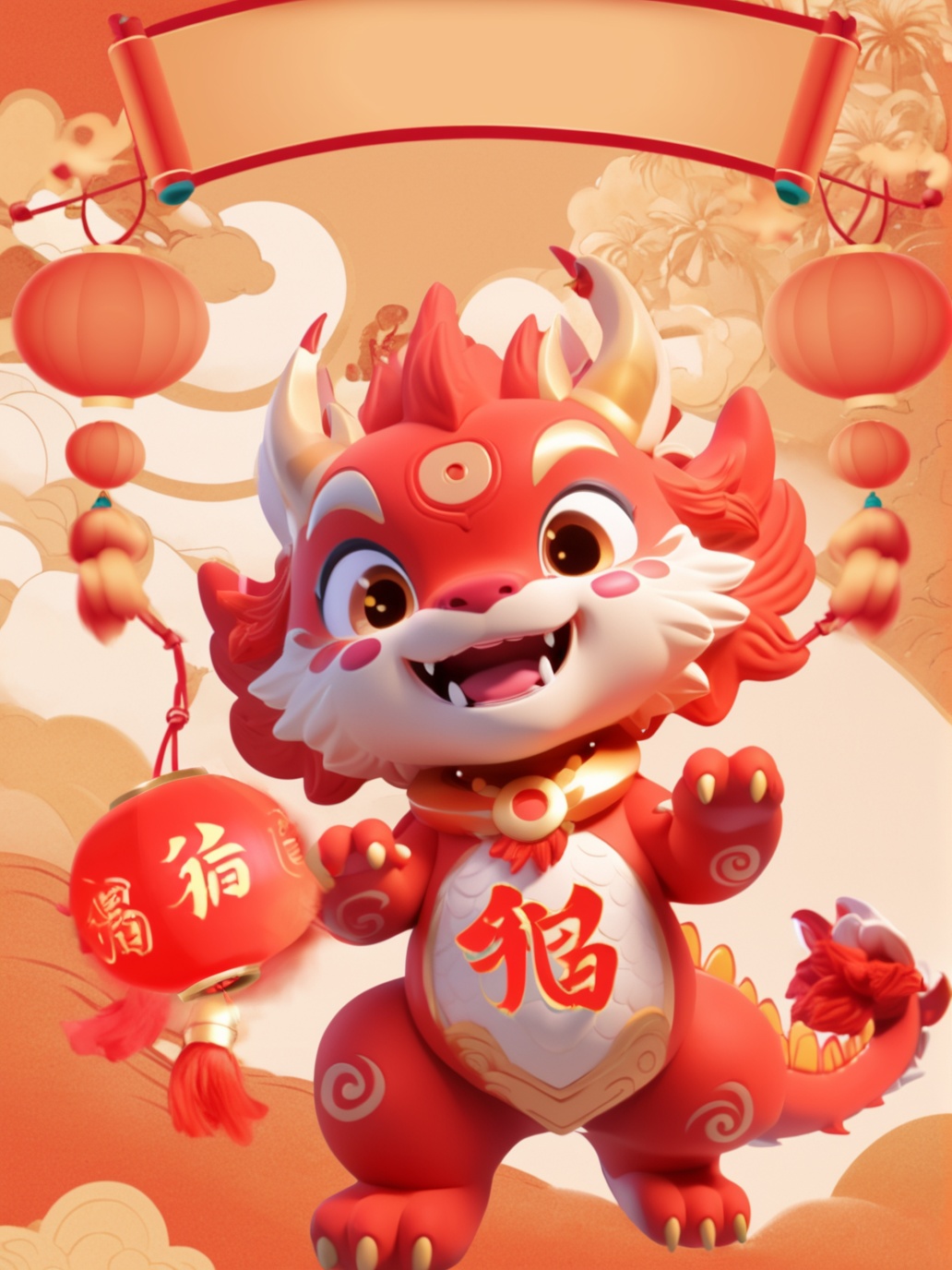 The character is holding a string of red firecrackers,a vibrant and animated character that appears to be a fusion of a dragon and a lion. The character is predominantly red with white accents, and it has a cheerful expression with wide eyes and a broad smile. It holds a golden bell in one hand and a golden rattle in the other. The character is adorned with a golden necklace that has a pendant with Chinese characters. The background is a warm orange hue, with floating lanterns and a silhouette of a mountain rangee<lora:LONG IP:1>