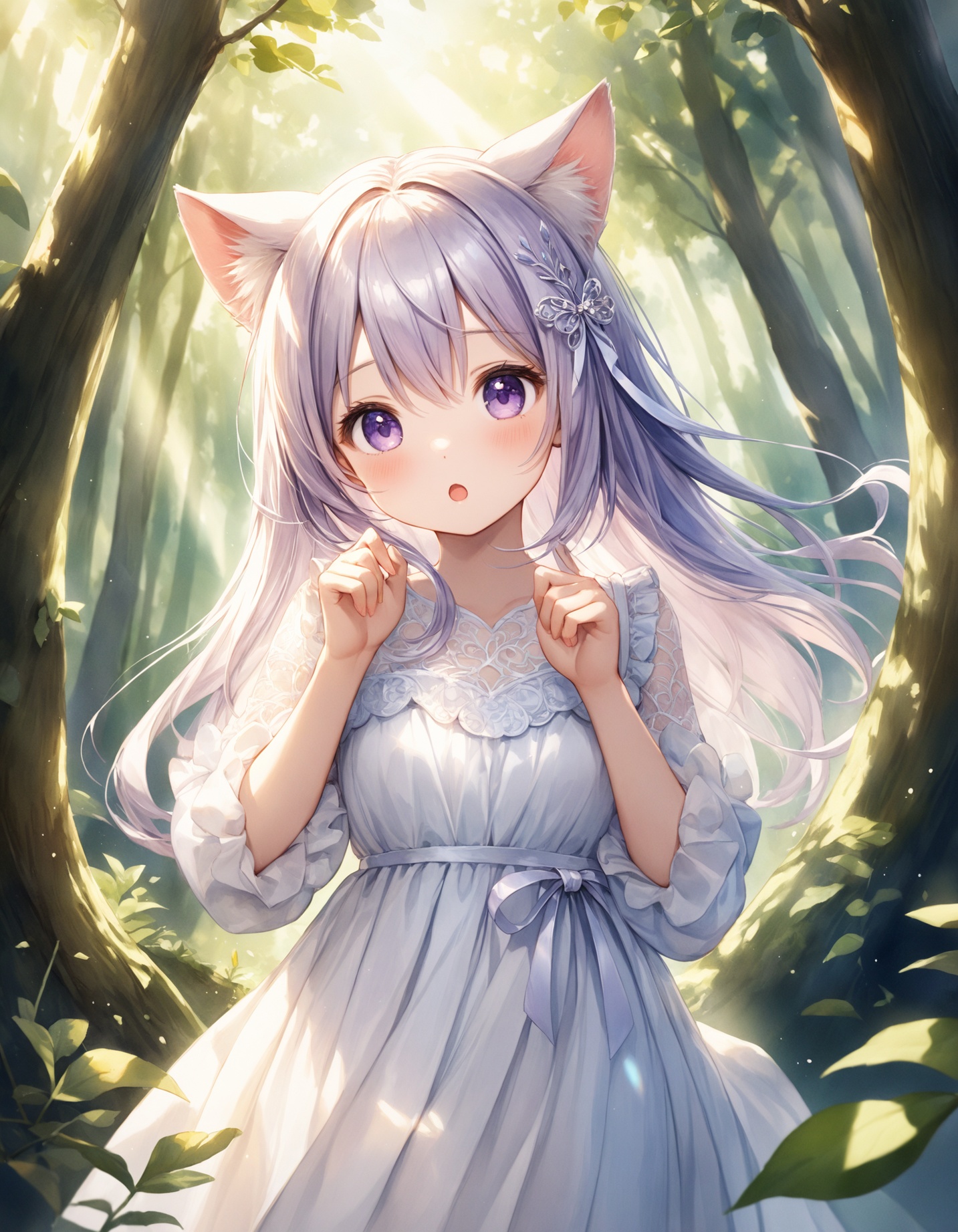 Cowboy shot. Cinematic angle. A very cute girl. . . Detailed dark-purple eyes. Long straight hair with ribbon ornament,  (...