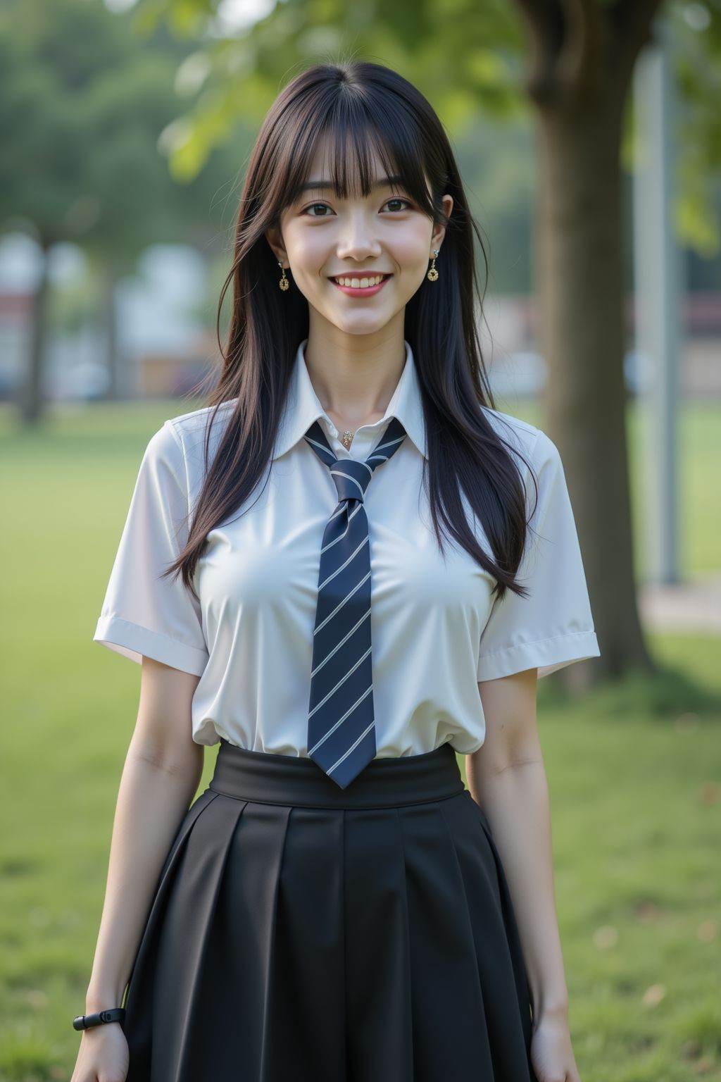 HDR photo of cinematic film still, 1girl, solo, long hair, breasts, looking at viewer, smile, skirt, shirt, black hair, brown eyes, jewelry, school uniform, white short shirt, short sleeves, pleated skirt, earrings, outdoors, necktie, teeth, day, collared shirt, Black pleated miniskirt, tree, grass, realistic, dark blue striped tie