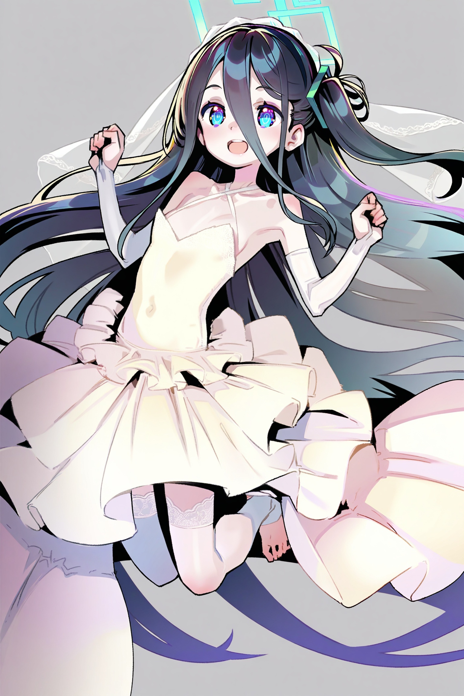 Himehajime,solo,aris \(blue archive\),white background,simple background,barefoot,no bra,petite,skinny,toeless_legwear,white thighhighs,indoor,looking_at_viewer,panorama,full_shot,dashed_eyes,wedding_dress,jumping,double_v,happy,