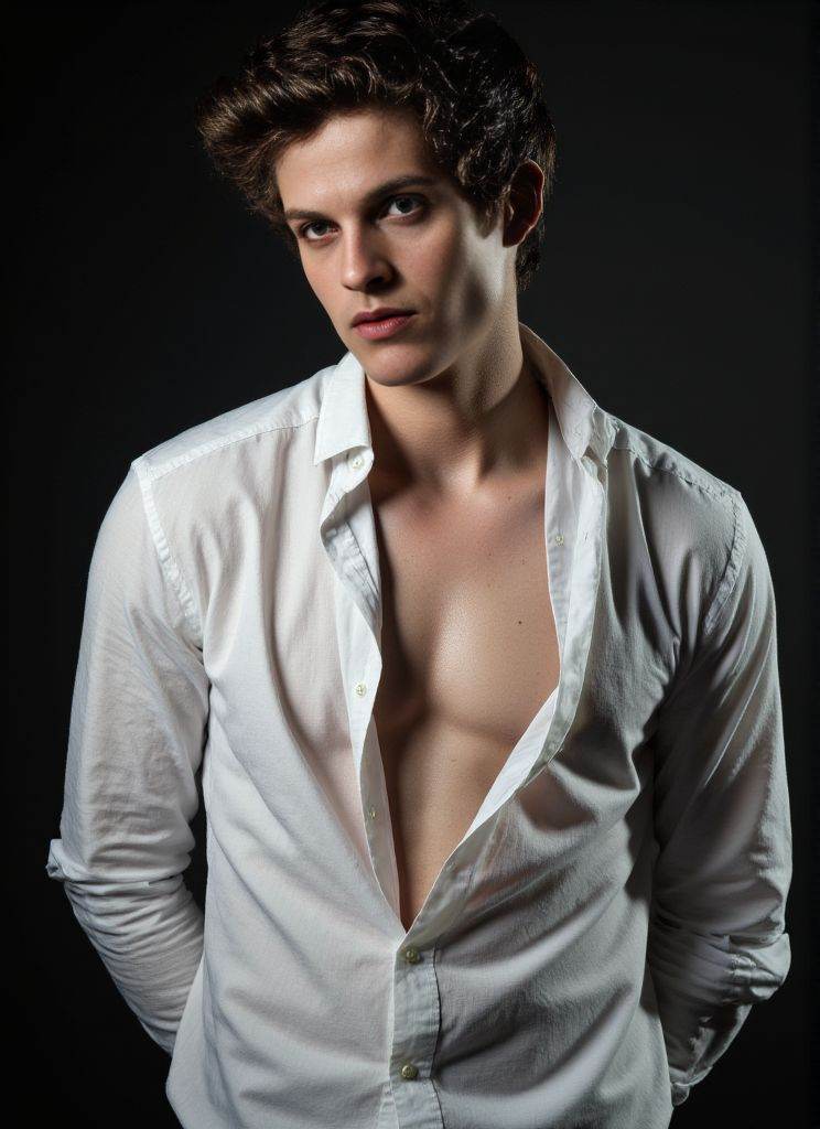 danielsharman ,  Photorealistic . sheer white shirt half‑removed. intricate fabric textures. dramatic studio lighting. ult...