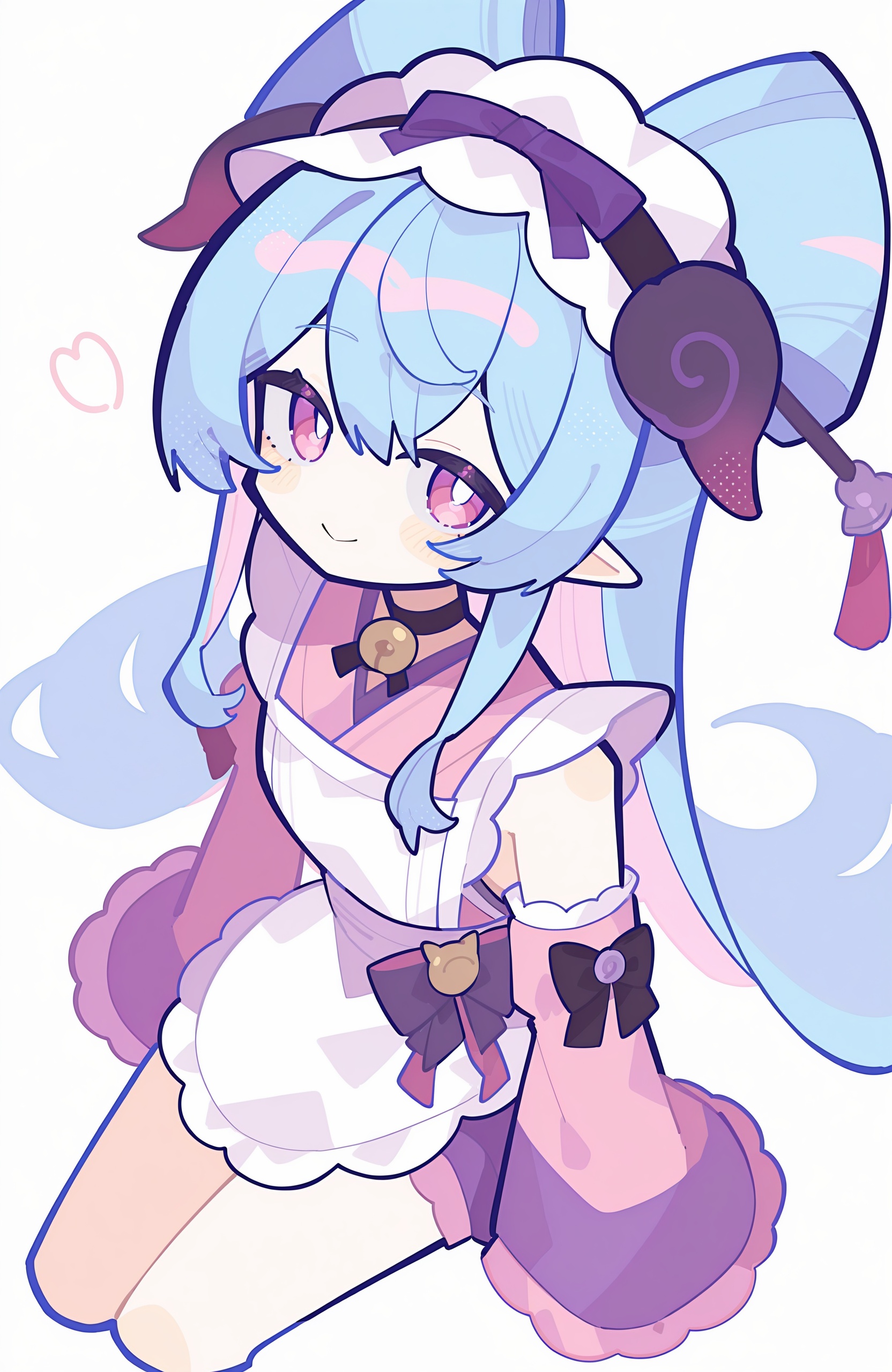 yumemizuki_mizuki,artist:hatsushiro mamimu,1girl,bell,blue_hair,apron,choker,closed_mouth,detached_sleeves,frilled_hairband,frills,from_above,hairband,japanese_clothes,long_hair,long_sleeves,looking_at_viewer,neck_bell,******ami,pink_eyes,pointy_ears,cropped_legs,bright_pupils,smile,solo,simple_background,very_long_hair,sitting,white_background,yumemizuki_mizuki,white_apron,white_pupils,